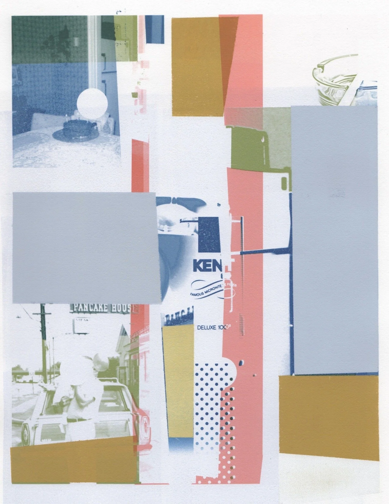 Patty deGrandpre, "Birthdays & Breakfast (with second hand smoke)," block printing ink, gouache, digital inkjet on Awagami paper, 14 x 11 inches.