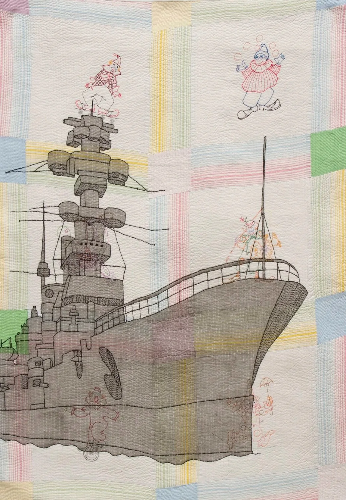 Laurel Izard, "More Clowns More War," fiber, 46 x 32 inches.