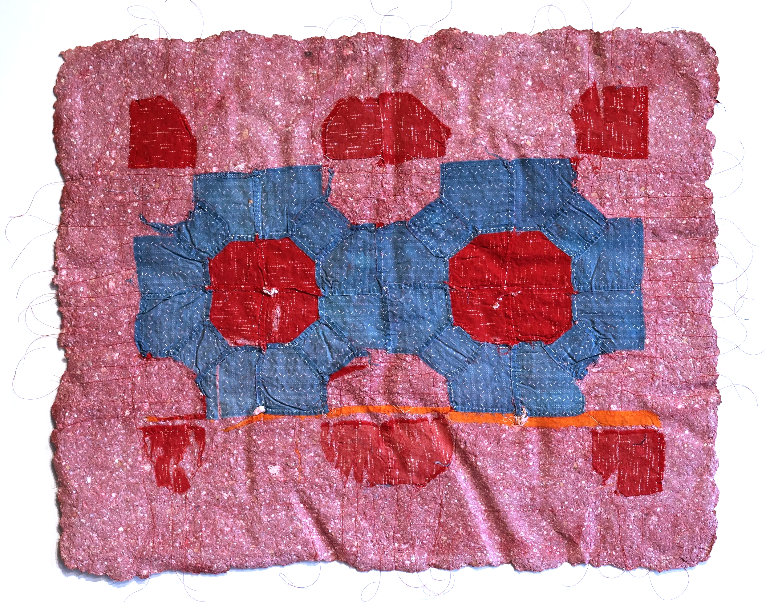 Dana Caldera, "You Stack the Blocks Just So," handmade paper made from pulp with found paper, virgin cotton, dryer lint, pigment, with found fabric and quilting thread inclusions, 22 x 33 inches.
