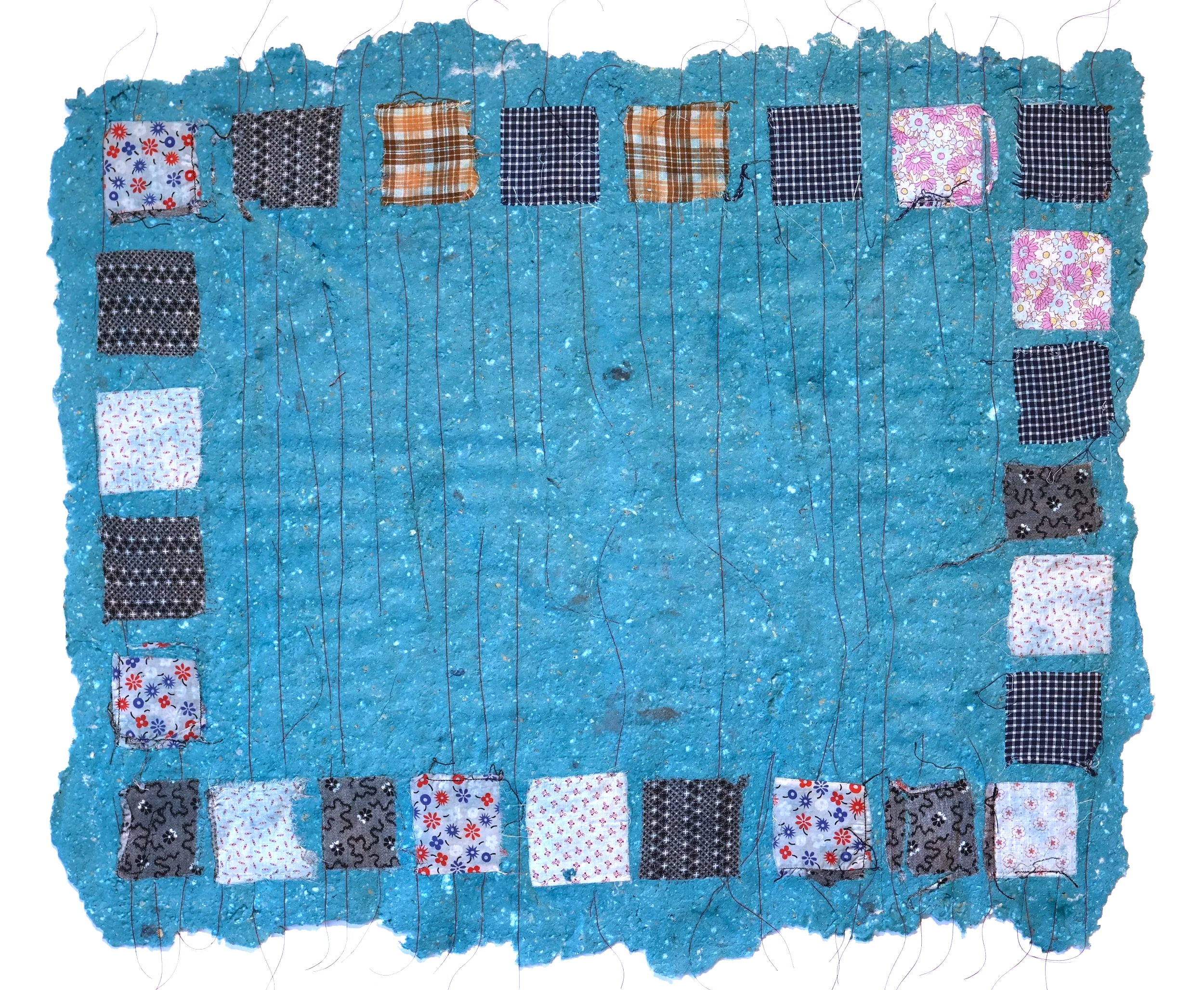 Dana Caldera, "I Wipe Your Hands, Your Tears," pigmented handmade paper made from pulp with found paper, virgin cotton, and dryer lint, with torn apron ties and quilting thread inclusions, 22 x 33 inches.