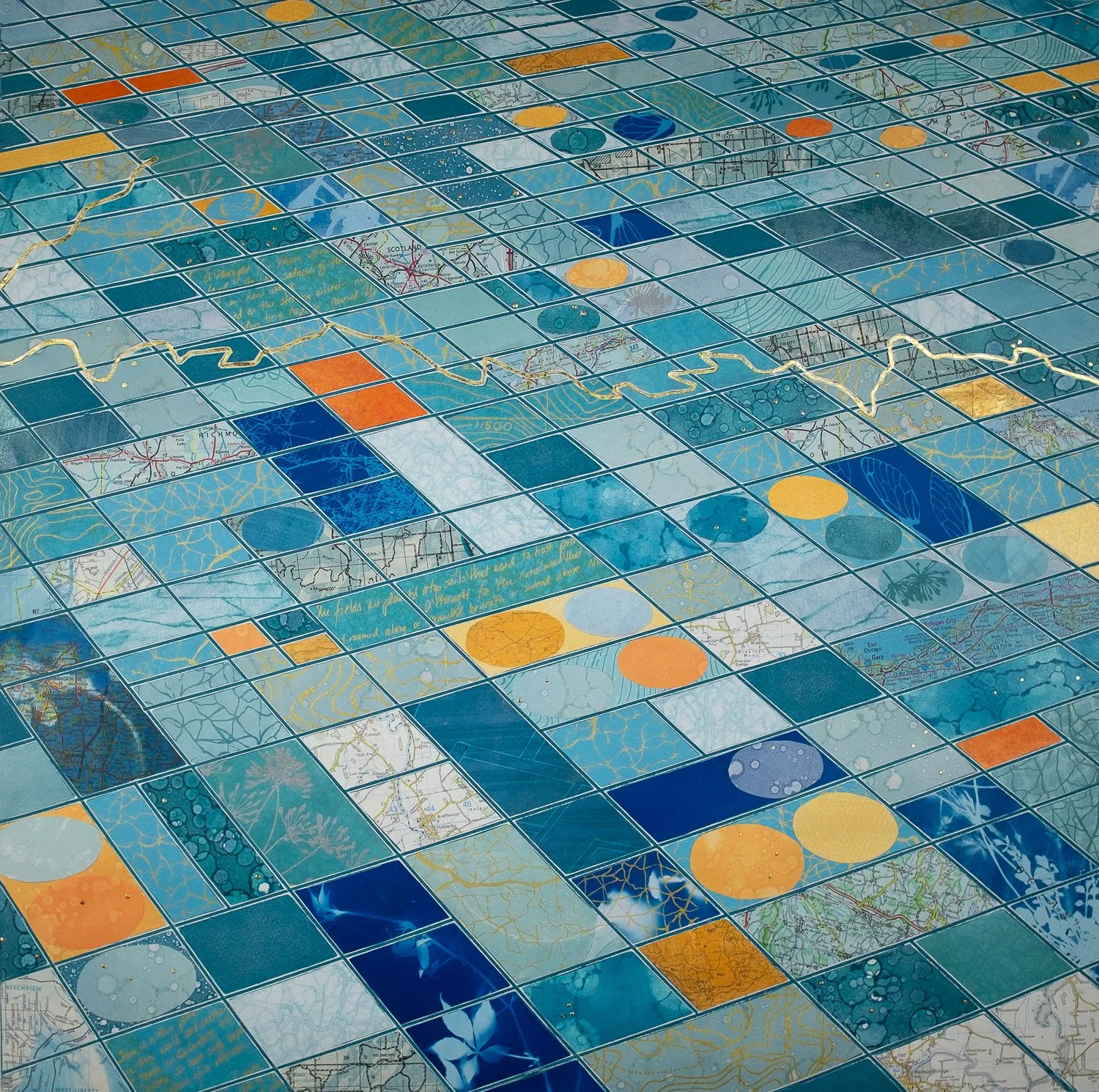 Elizabeth Busey, "Searching for a New Landing Spot," monoprint collage with cyanotypes, vintage maps and gold leaf, 36 x 35 inches.