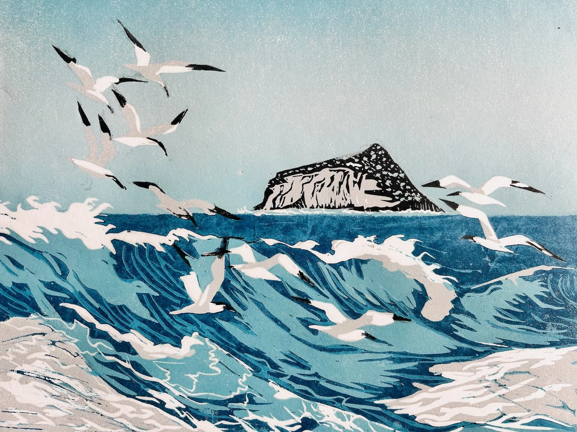 Nancy Langston, "Northern Gannets in Iceland, linocut, 8 x 10 inches.