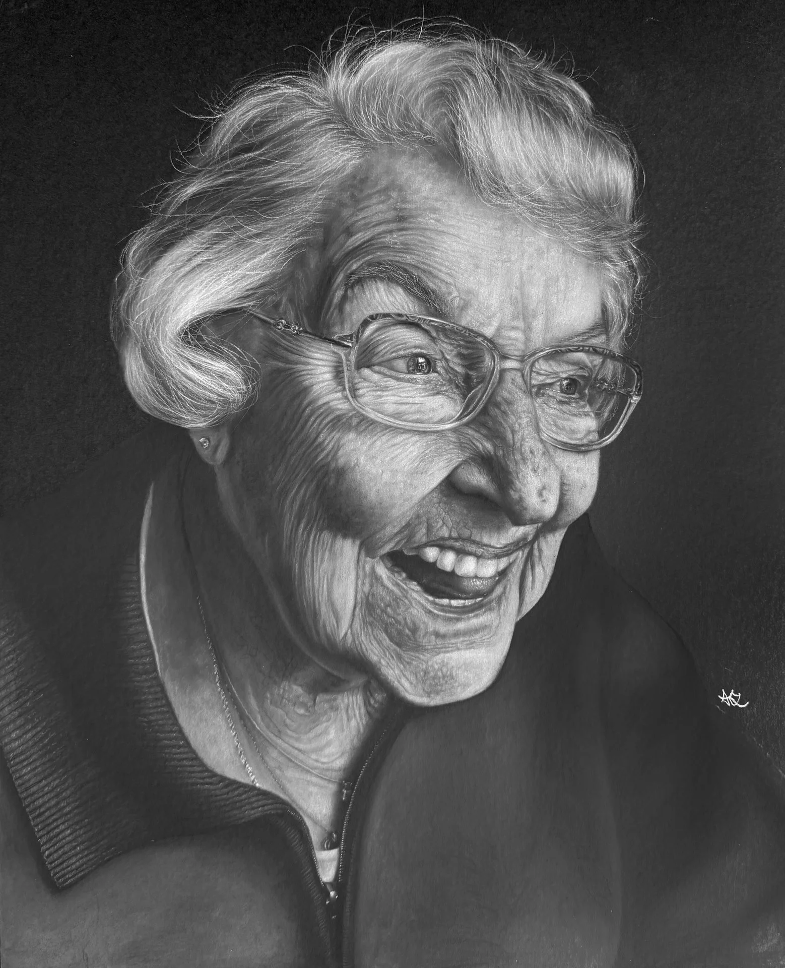 Ali Gemmer, "Oma - How I Remember Her," white charcoal on black paper, 20 x 16 inches.