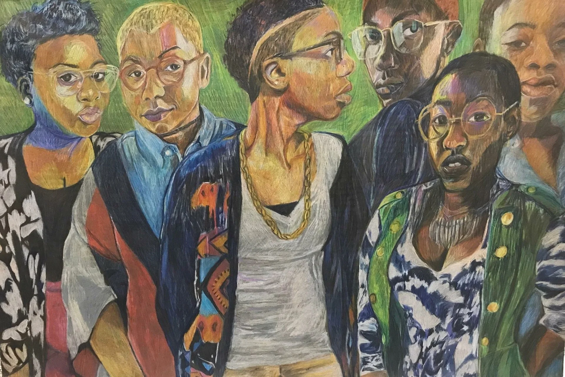 Bria Erby, "Black Bald Beauties," colored pencil on black paper, 24 x 32 inches.