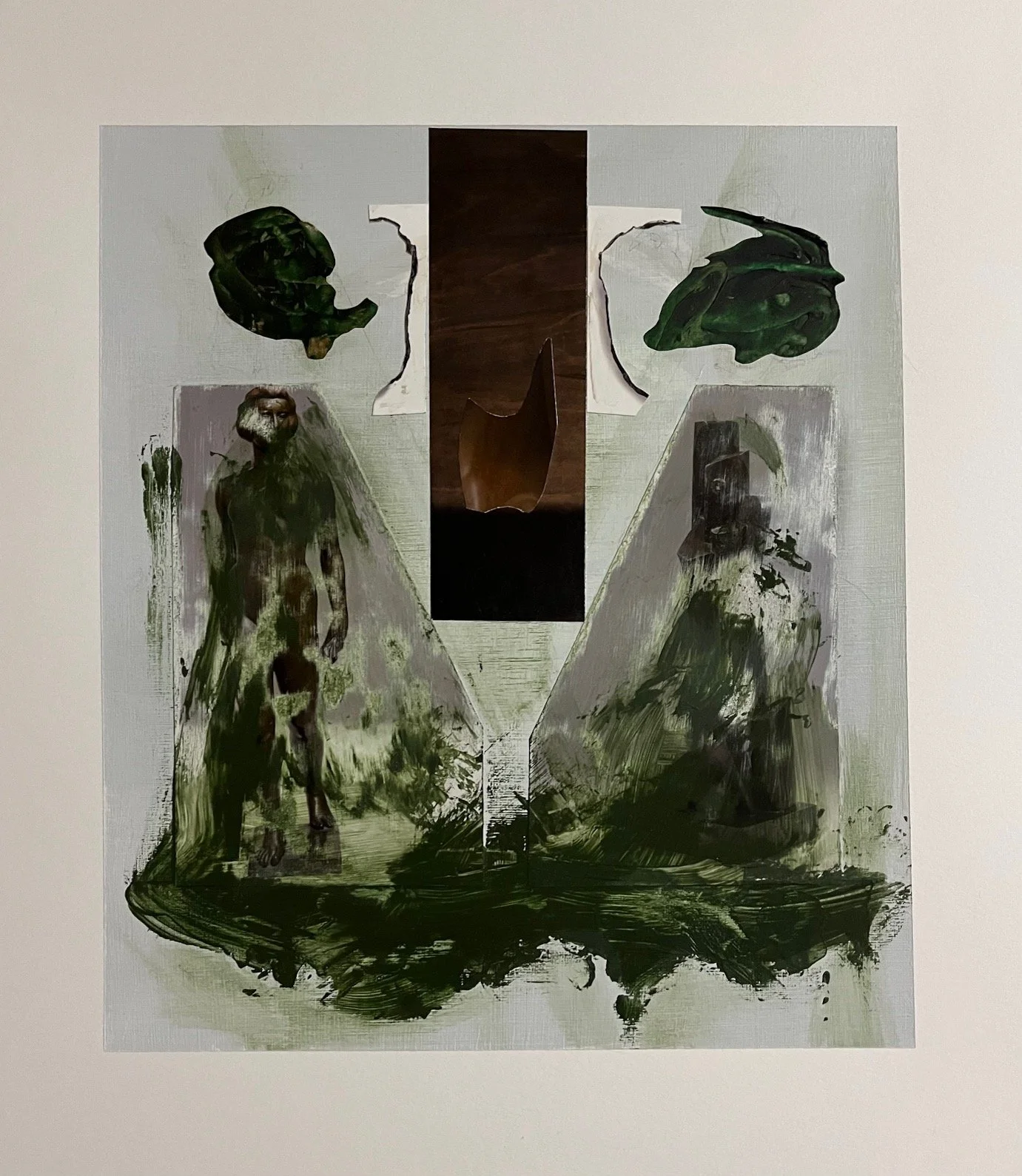 Eric Dimas, "Untitled (triptych with central deity)," acrylic and collage on paper, 14 x 13 inches.