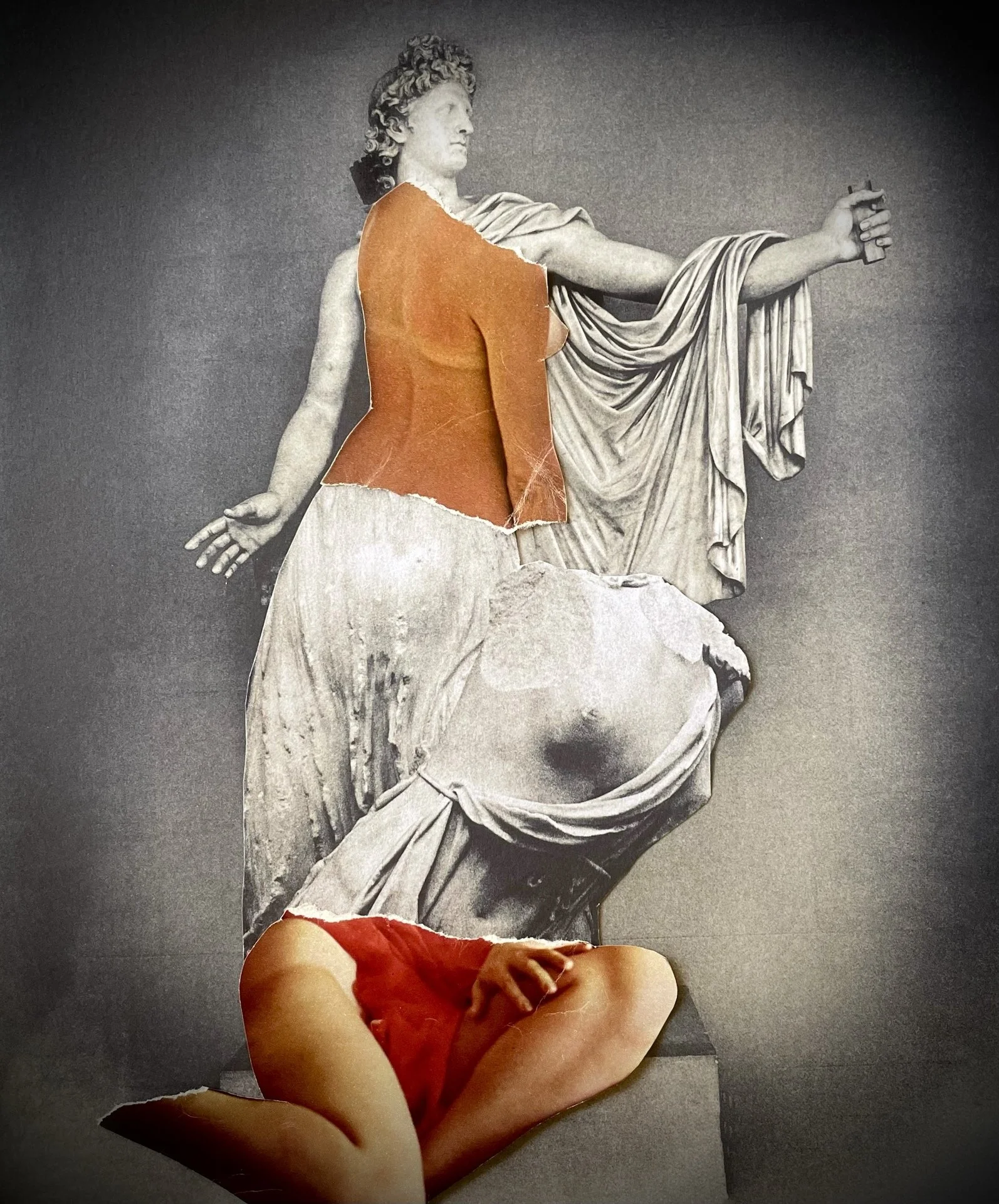 Marcy McChesney, "Mere Mortal," handcut collage on paper, 10 x 8 inches.