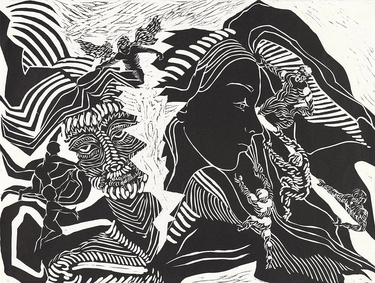 Linda Jackson, "Push and Pull," linocut, 18 x 24 inches.