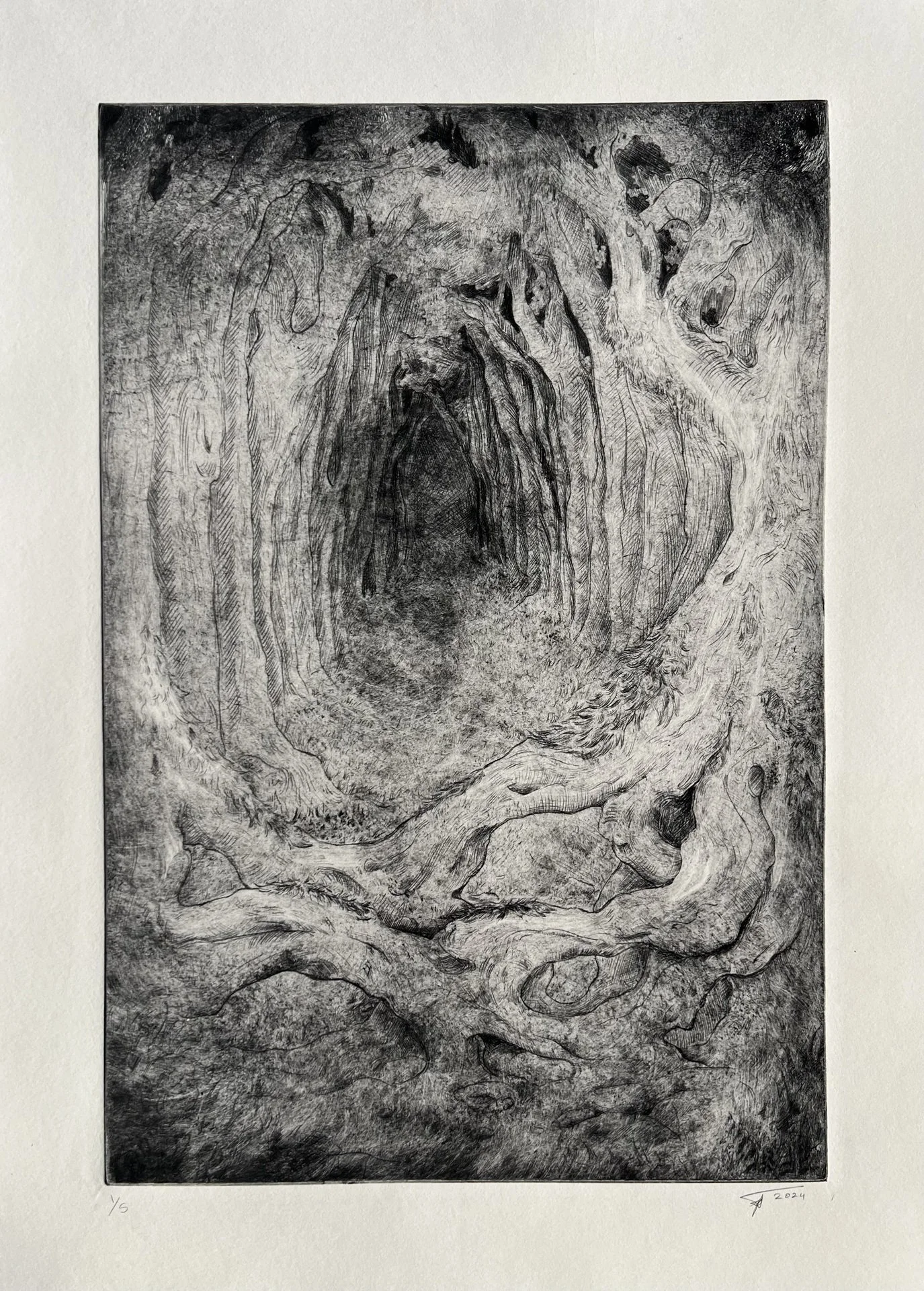 Sydney Terpstra, "I Will Return to the Dirt," drypoint on toned paper, 18 x 13 inches.