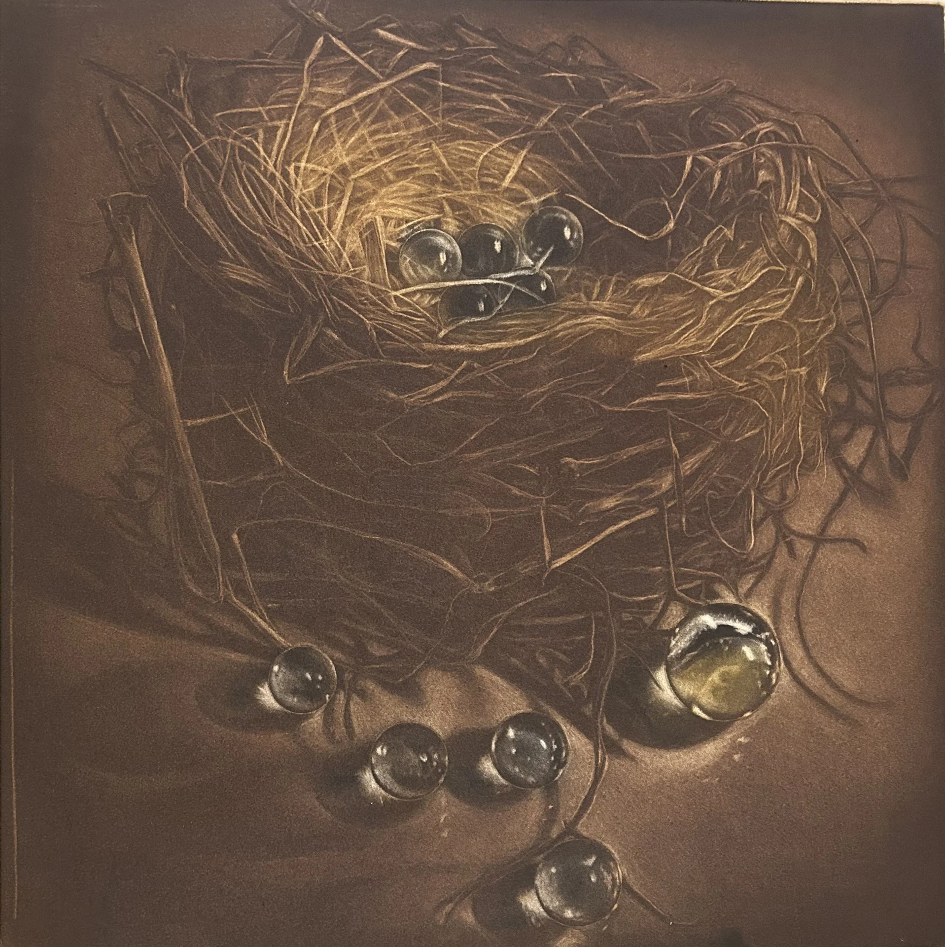Jayne Reid Jackson, "Nest II," color mezzotint, 12 x 12 inches.