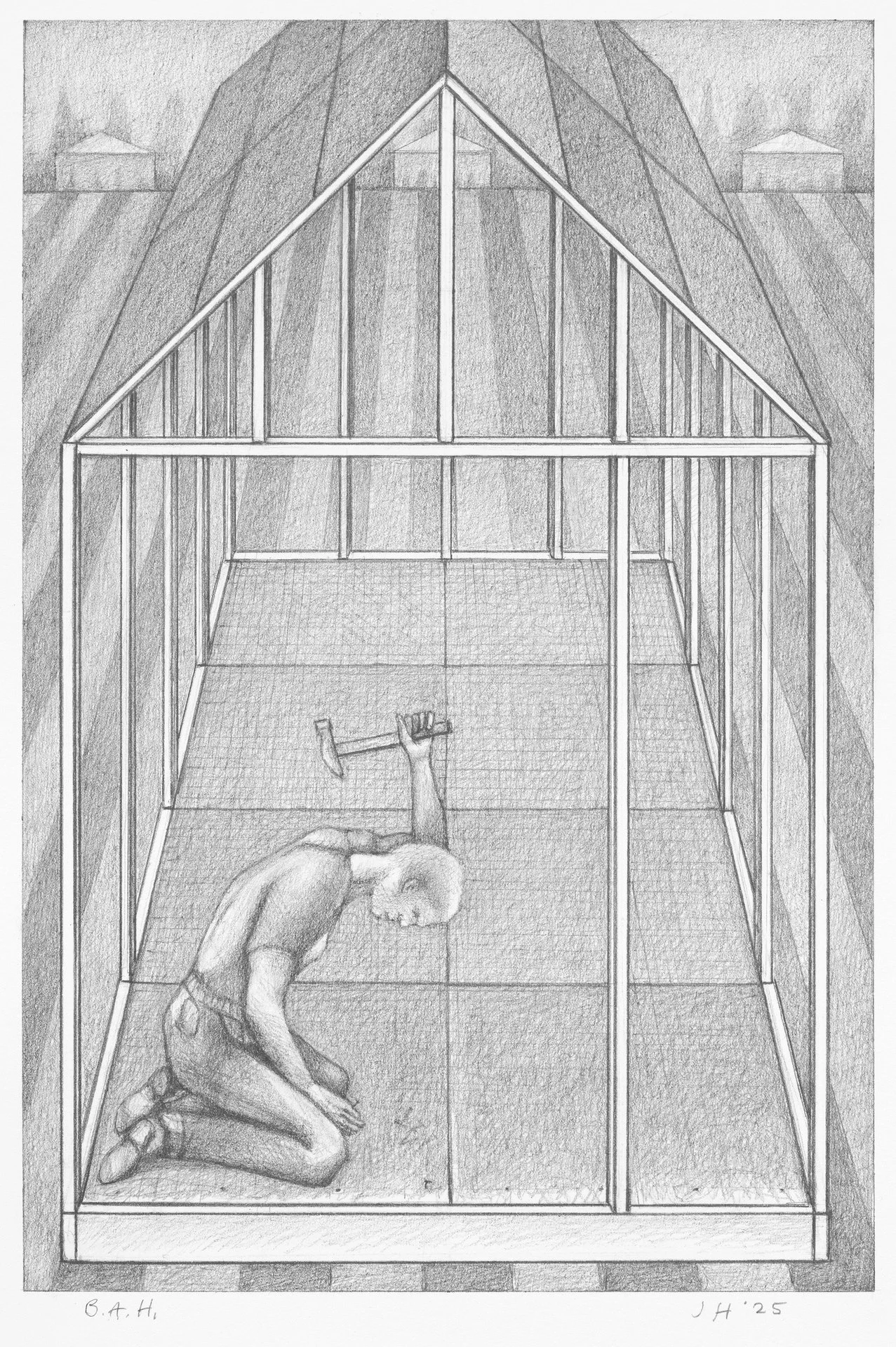 John Hrehov, "Building a Home (Study)," graphite on paper, 12 x 8 inches.