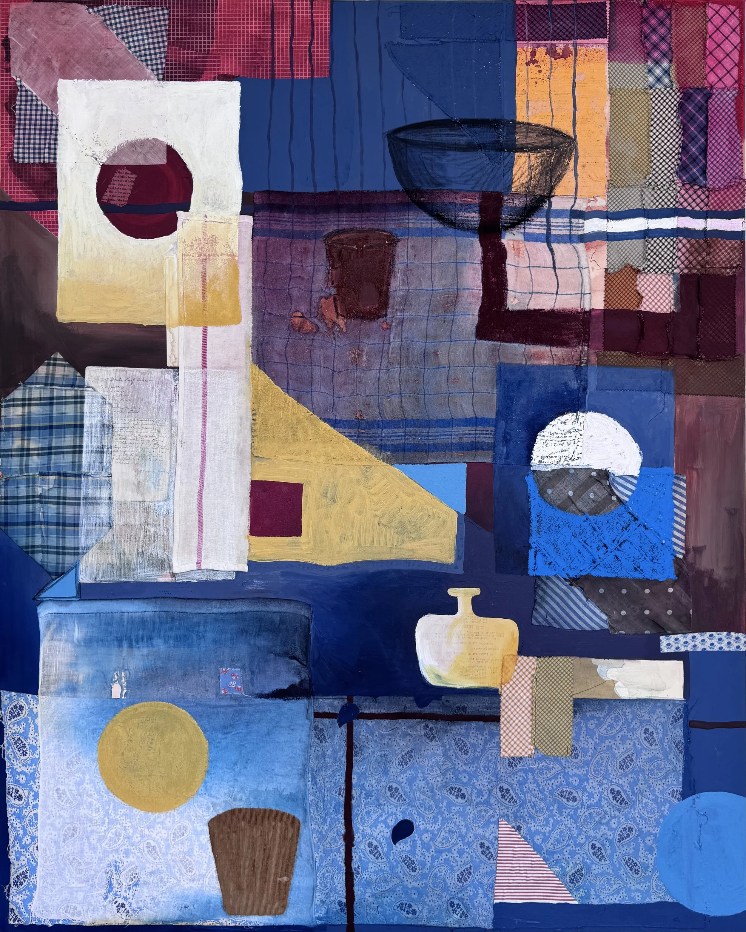 Dana Caldera, "A Table for Six," acrylic paint, found fabric, found paper, oil pastel, colored pencil, graphite, tissue paper on canvas, 60 x 48 inches.