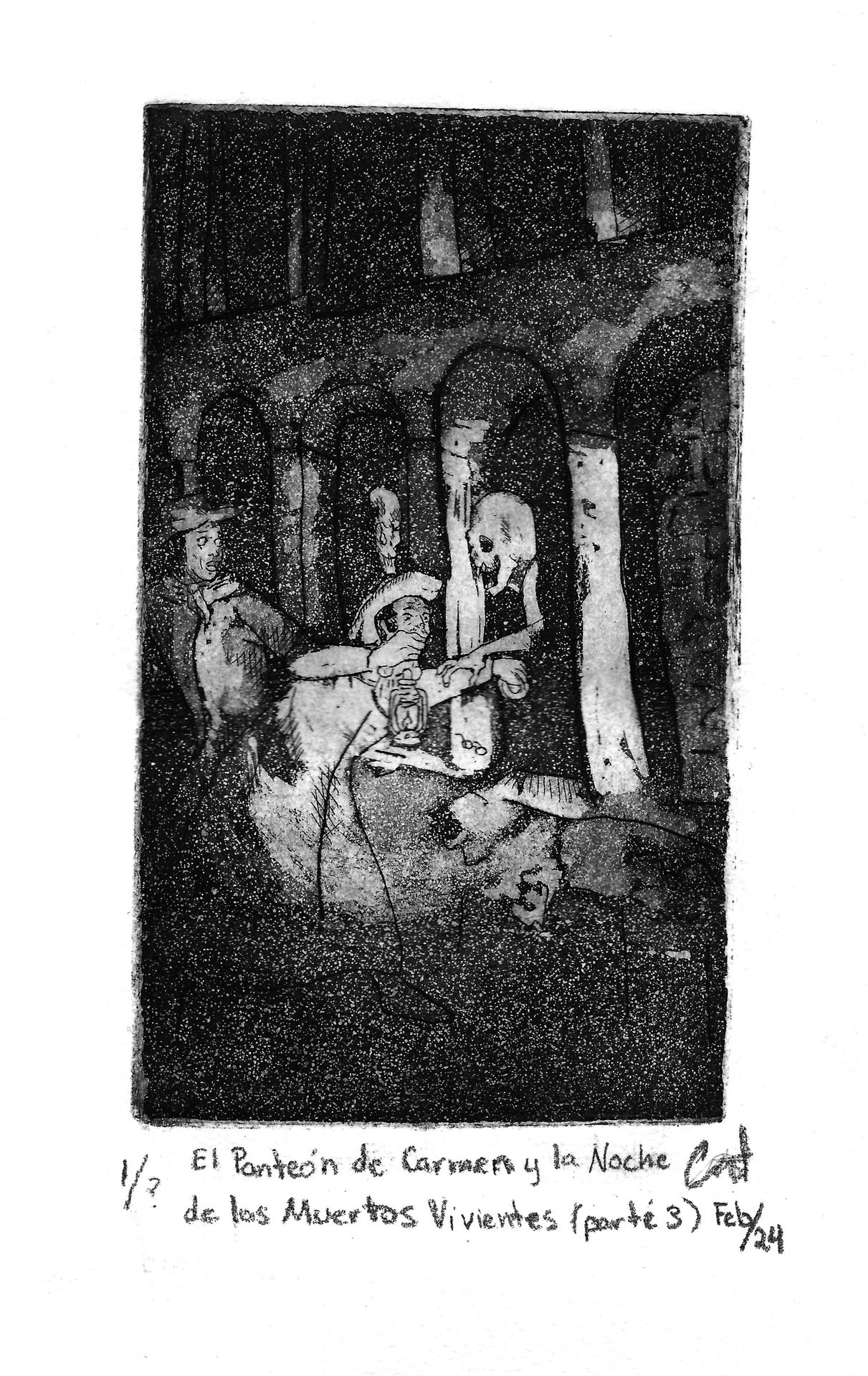 Carla Castro, "El Panteón de El Carmen y la Noche de los Muertos Viviente," intaglio, 8.5 x 5.5 inches.