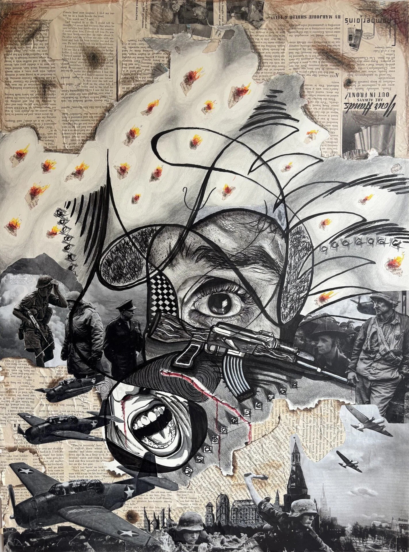 Sean Colella, "War?," pen, collage and watercolor on paper, 24 x 18 inches.