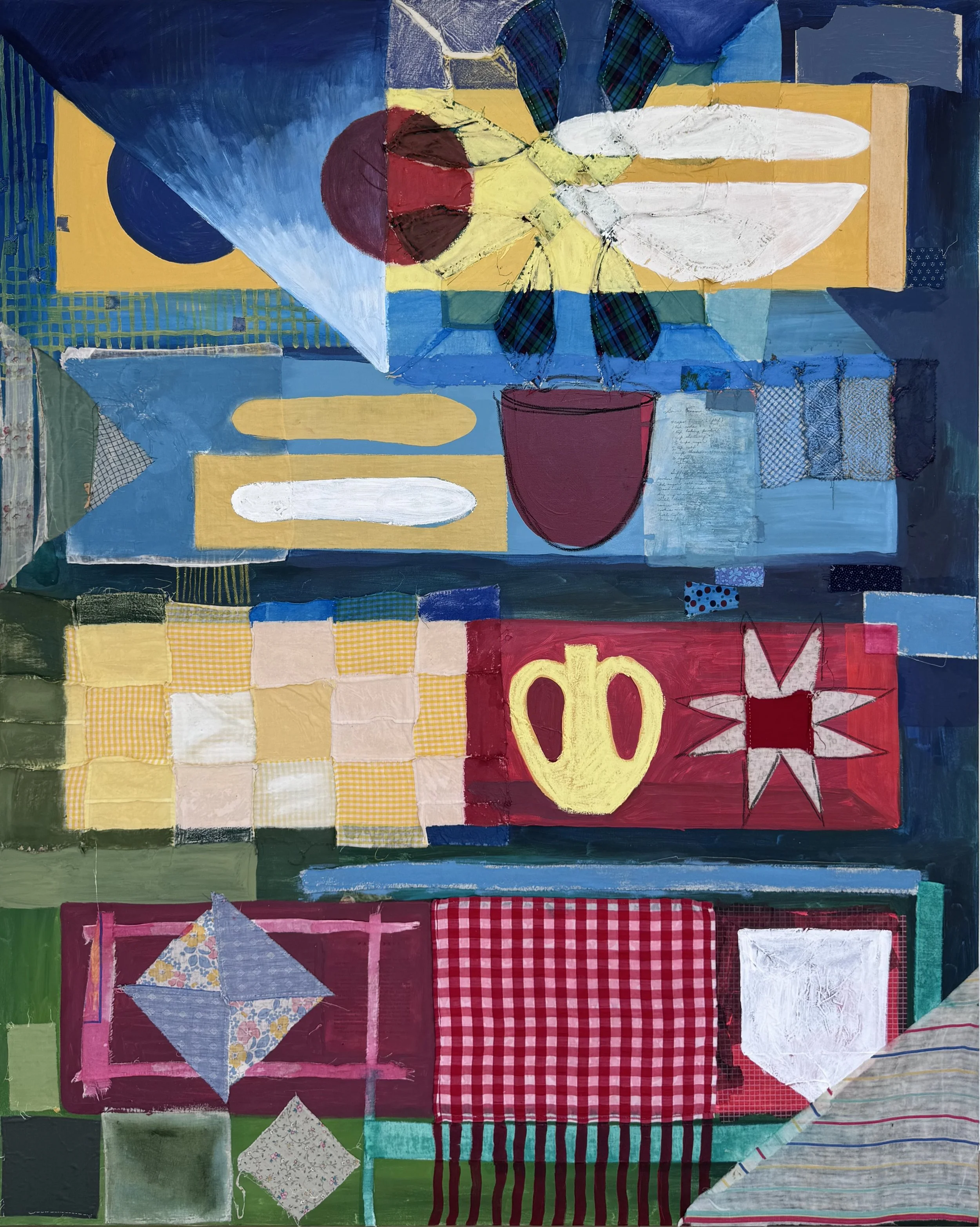 Dana Caldera, "Our China Cabinet," acrylic paint, found fabric, found paper, oil pastel, colored pencil, graphite, tissue paper on canvas, 60 x 48 inches.