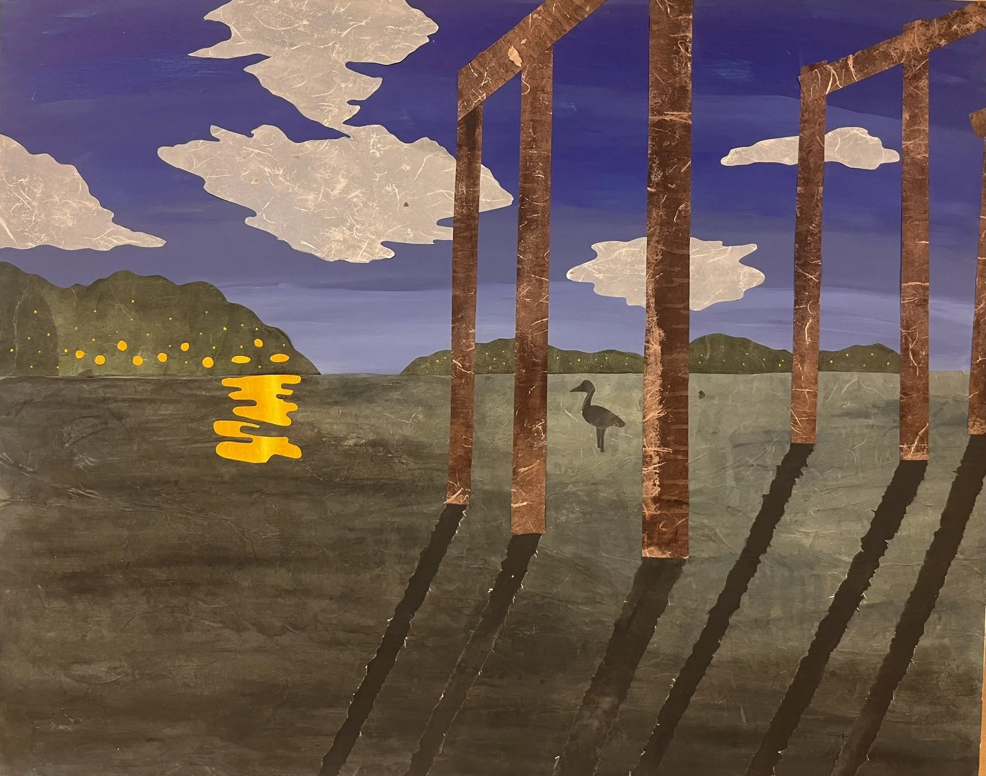 Annie Hrehov, "Under the Pier," paper collage, 24 x 30 inches.
