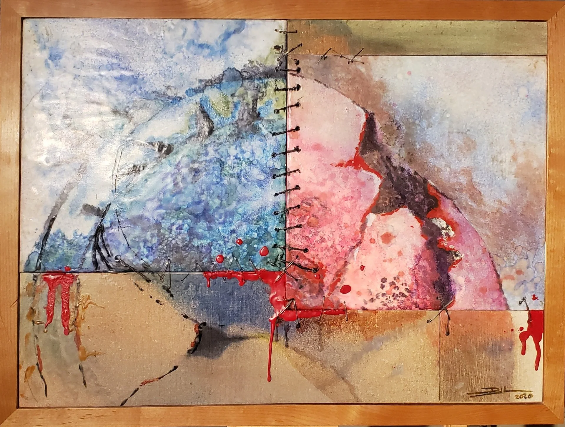 Dawson Lapsley, "Fractured Culture," mixed media - encaustic and wire on wood, 18 x 24 inches.