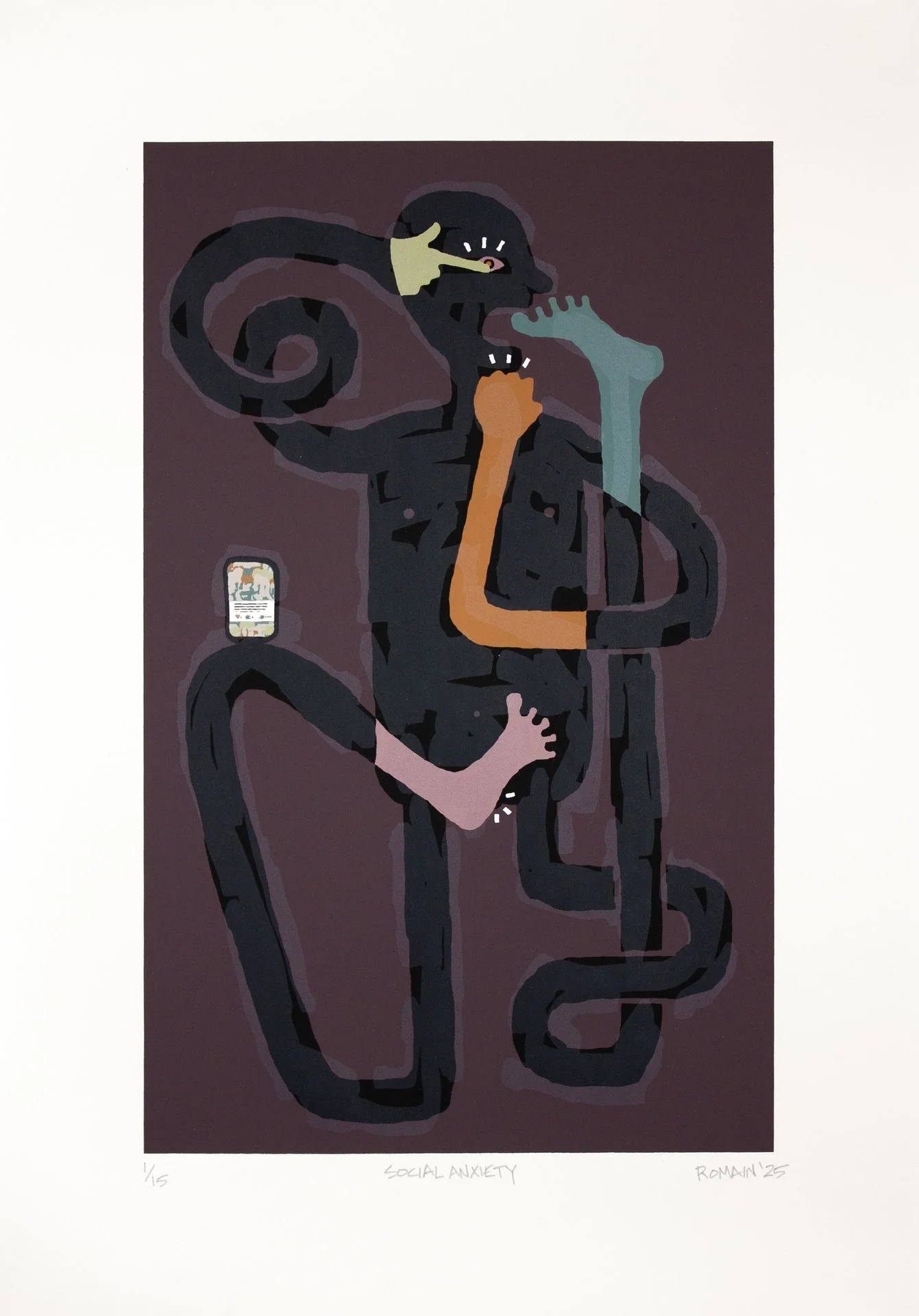 Ron Romain, "Social Anxiety," screenprint, 18.25 x 12.5 inches.