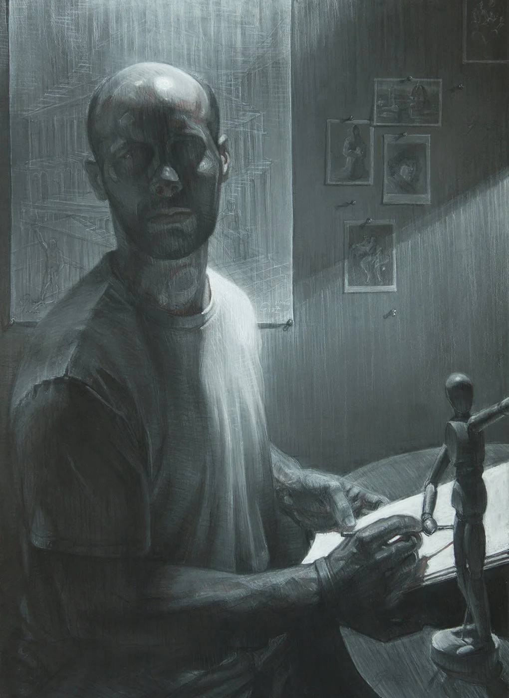 Christopher Ganz, "Chiaroscuro," pastel, conté, and charcoal on black paper, 40 x 30 inches.
