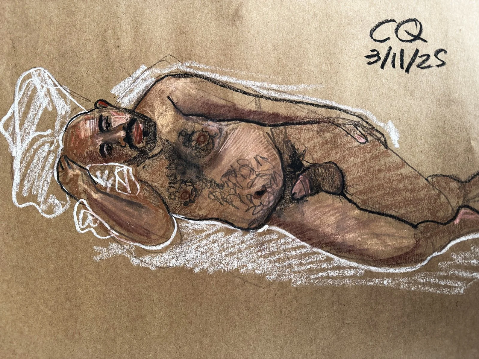 Brandin Barón, "CQ Reclining," pencil and watercolor crayon on paper, 17 x 21 inches.