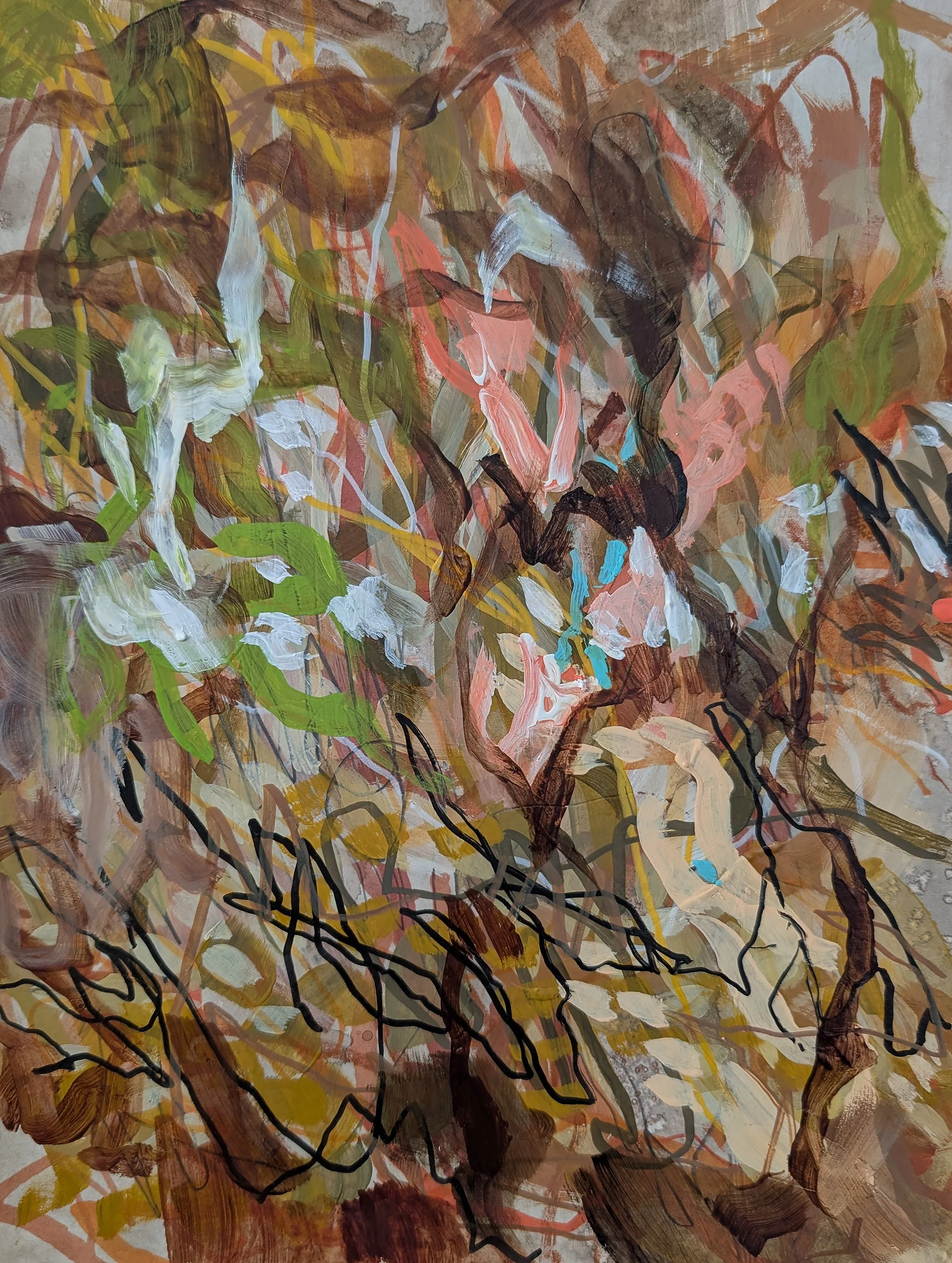 Kathleen Pahl, "Two in Conversation (Brown and Gold)," acrylic, 12 x 9 inches.