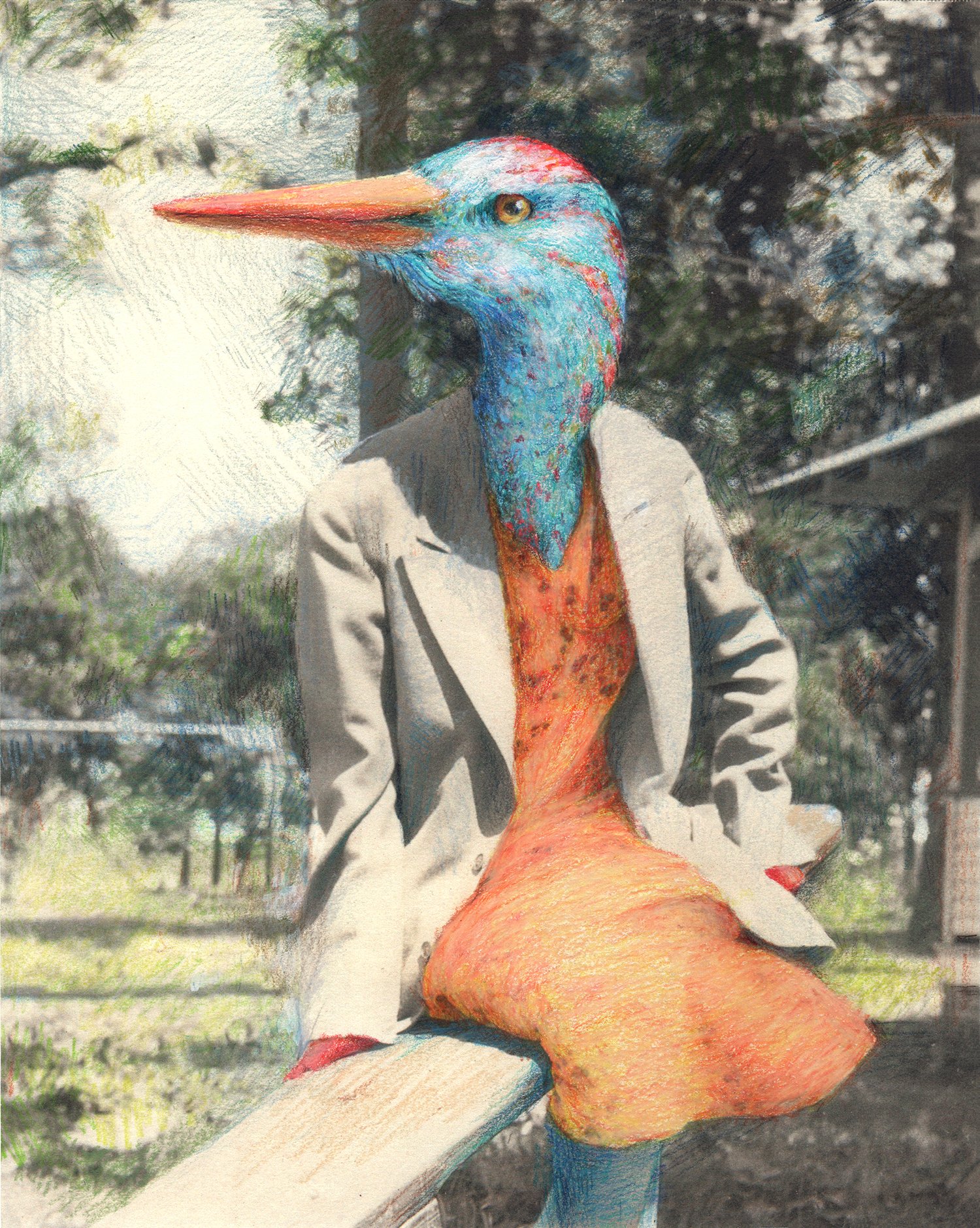 Paula Swisher, "Seesaw," colored pencil and gouache over digital print on paper, 10 x 8 inches.