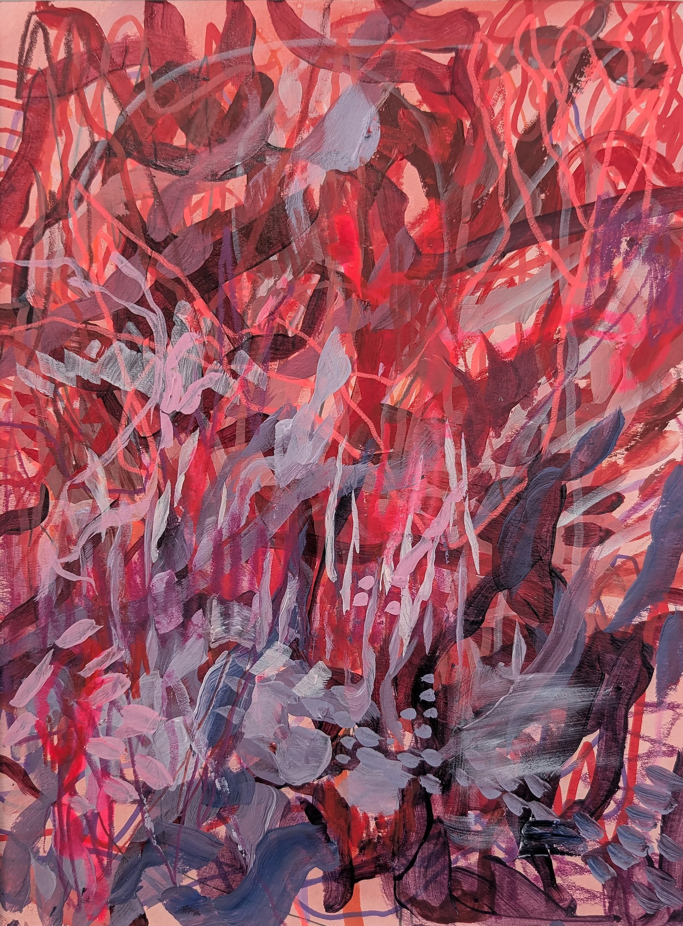 Kathleen Pahl, "Two in Conversation (Red and Violet)," acrylic, 12 x 9 inches.