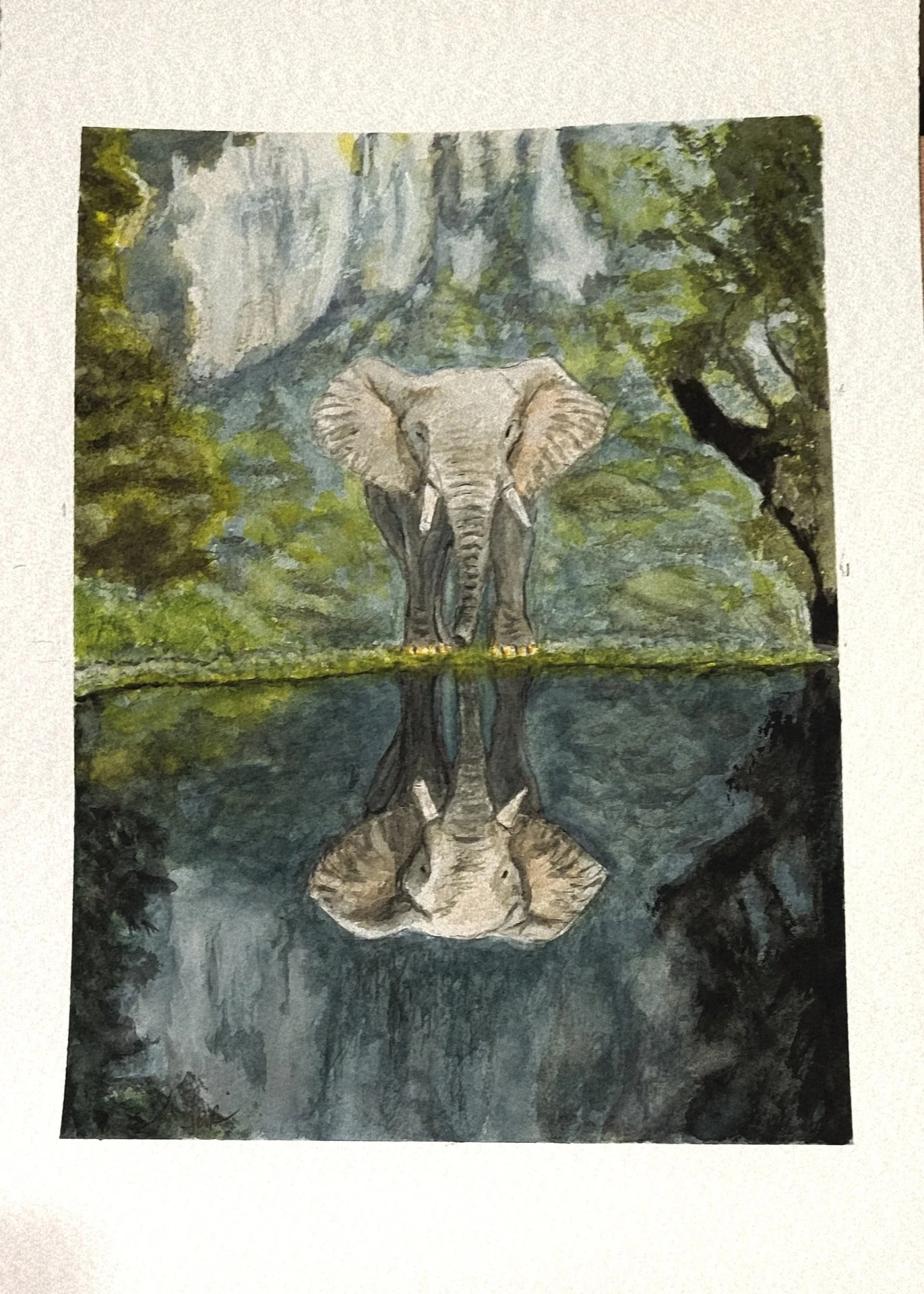 Sarah Reynolds, "Elephant at Reflecting Pool," watercolor, 14 x 10 inches.