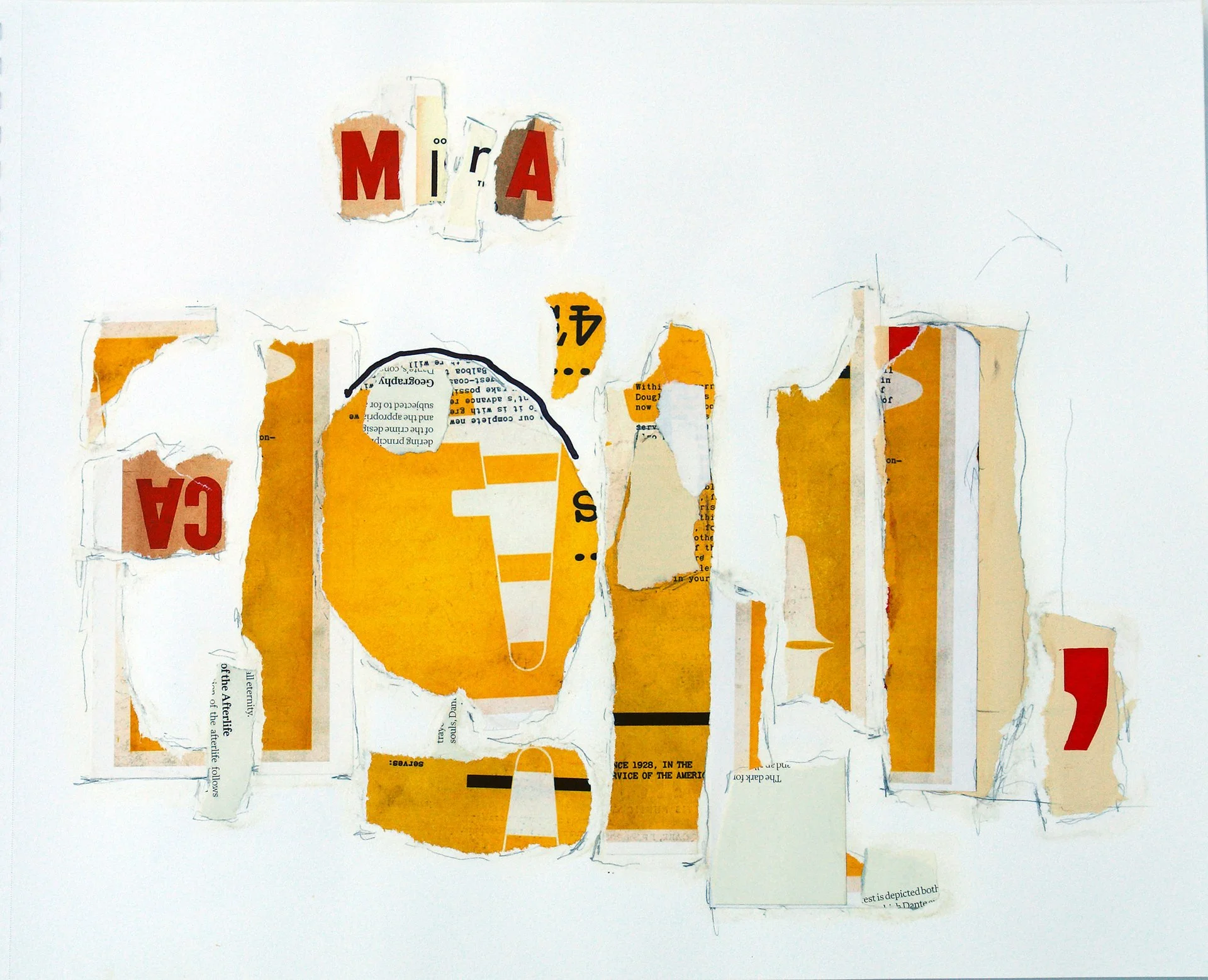 Gregory Gibson, "MIRA," papier collé and mixed media, 14 x 17 inches.