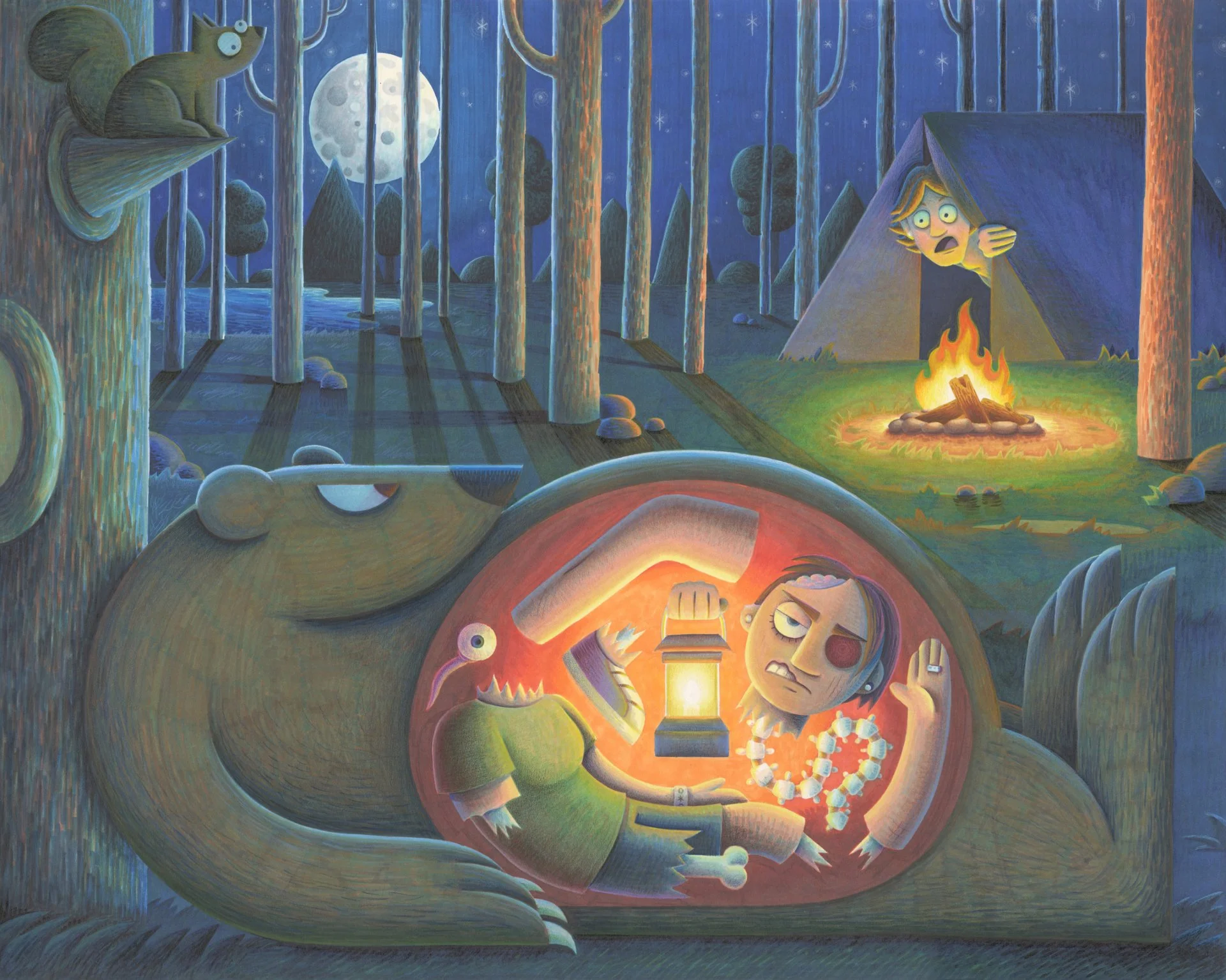 Lucille Mann, "In the Belly of the Bear," alcohol markers and colored pencils, 24 x 30 inches.