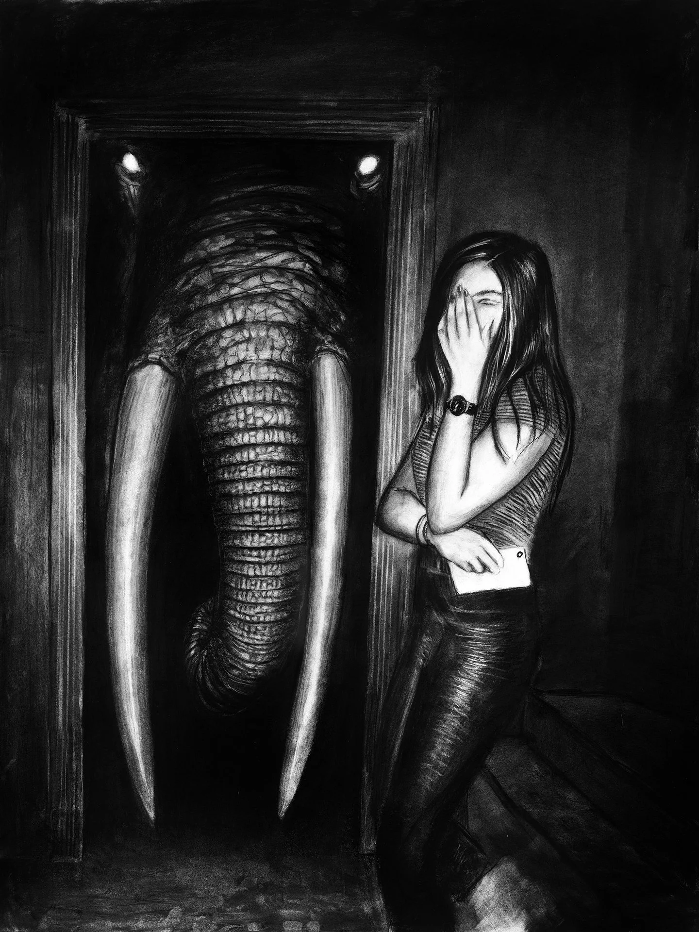 Trevor Inkwell, "Elephant in the Room," charcoal, 44 x 34 inches.