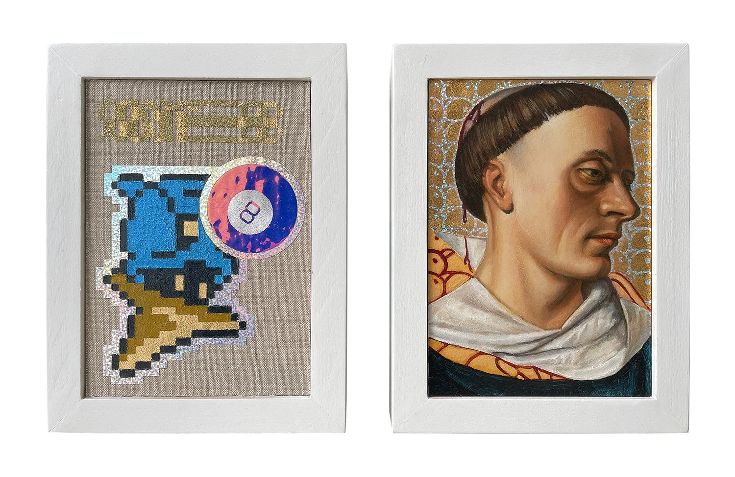Matthew Mogle, "You Take Yours and I'll Keep Mine (diptych)," oil, gold leaf, glitter on holographic vinyl and linen, 7 x 10 inches.