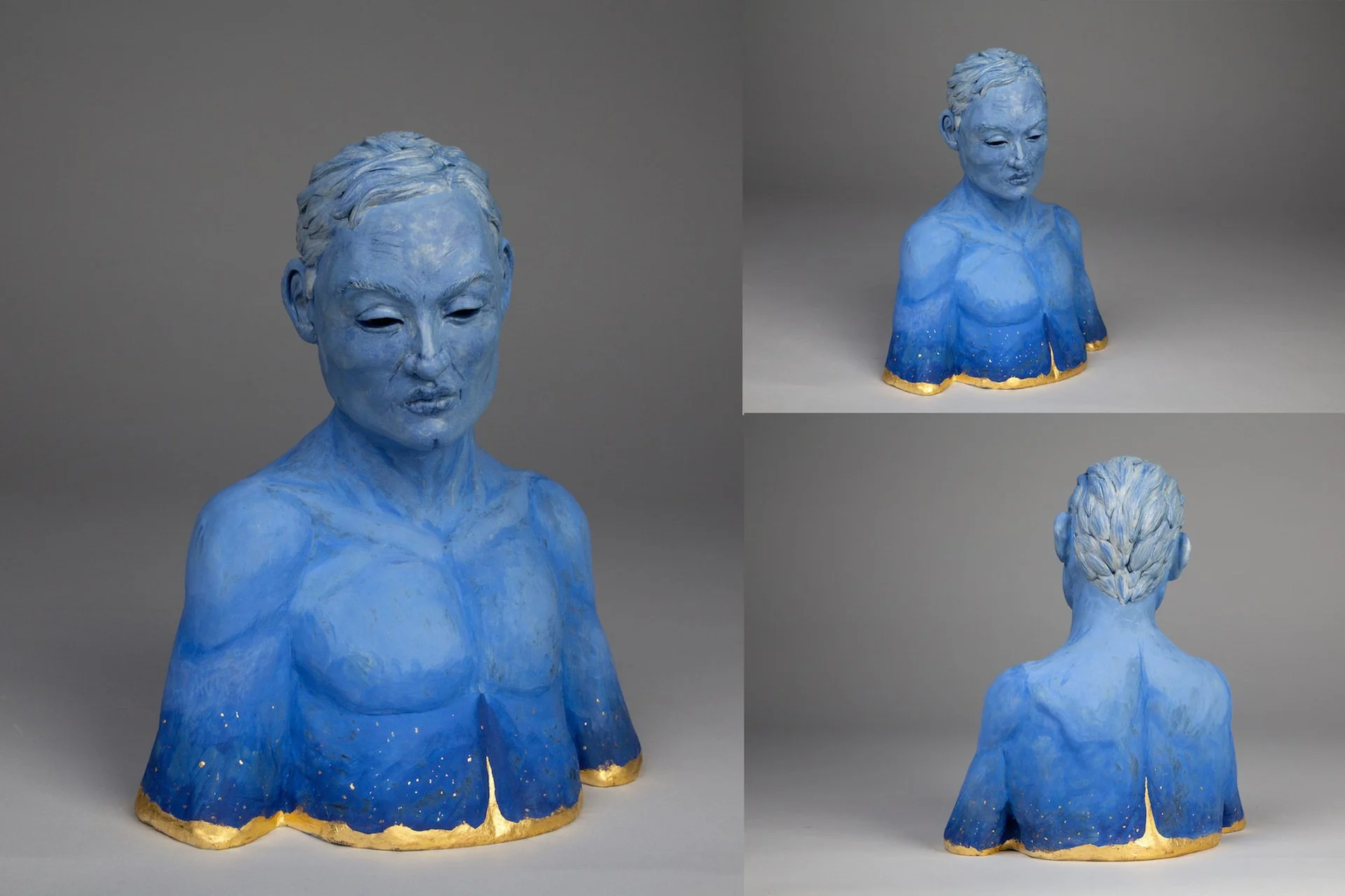 Kristy Winterbourne, "The Full Weight of Blue," stoneware, underglaze, 23k gold leaf, 11.5 x 9.5 x 6.5 inches.
