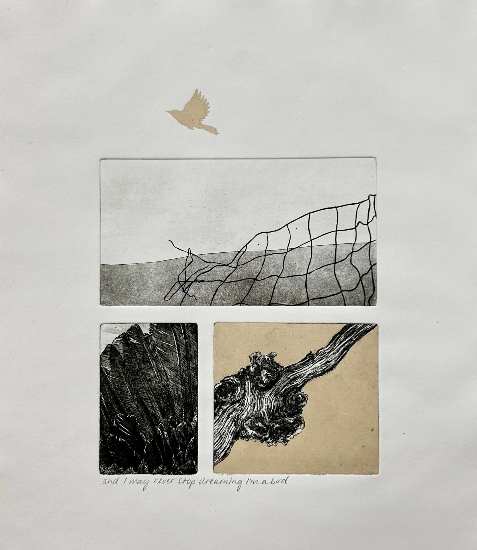 Jordan Szala, "And I May," etching with aquatint and chine colle, 12 x 10 inches.