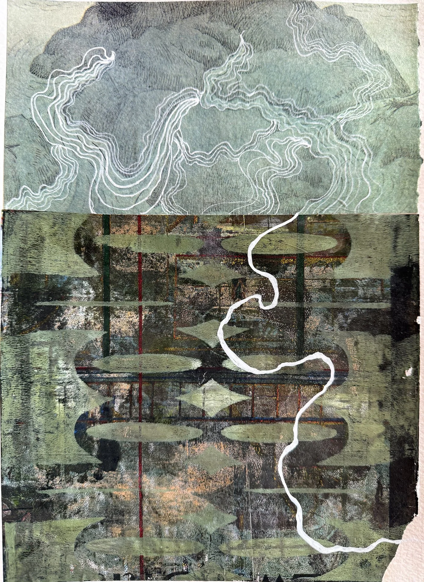Susan Sancomb, "Southern Illinois ©2025" mixed media collage on paper, 12 x 8 inches.