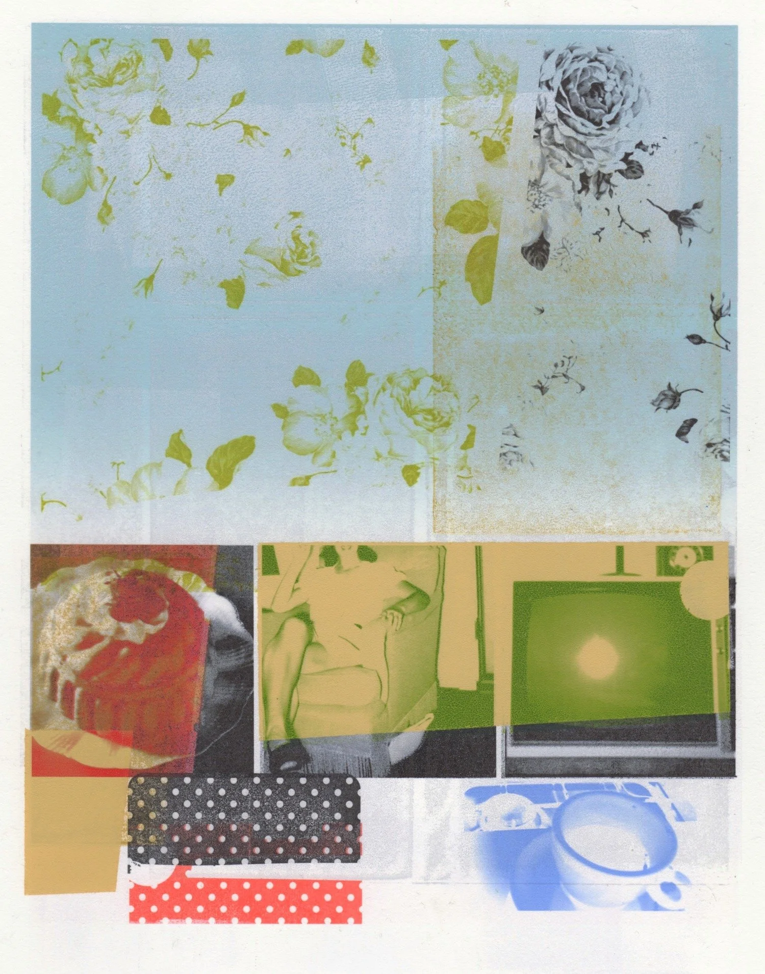 Patty deGrandpre, "After Supper," block printing ink, gouache, digital inkjet on Awagami paper, 14 x 11 inches.