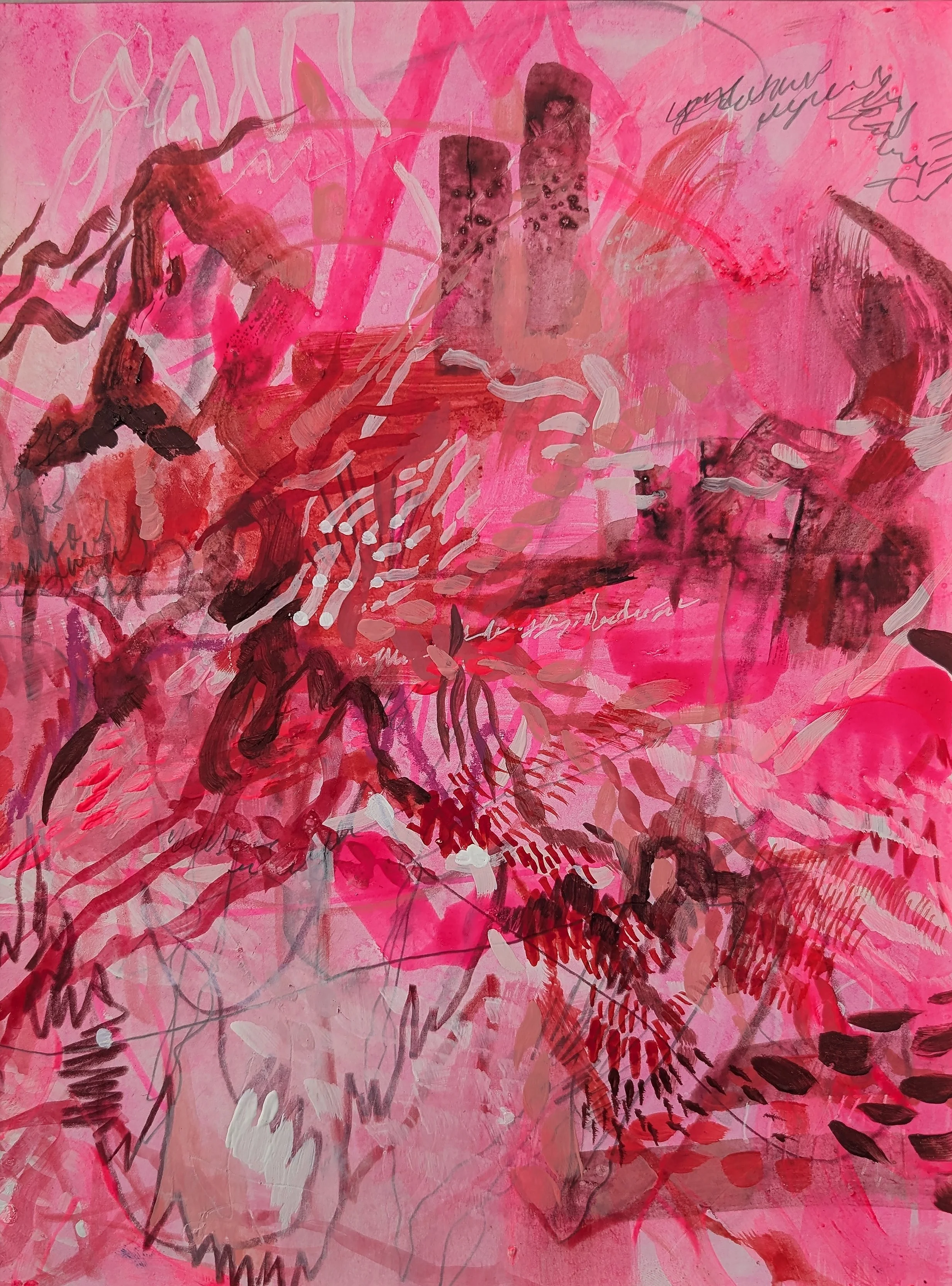Kathleen Pahl, "Two in Conversation (Pink and Red)," acrylic, 12 x 9 inches.