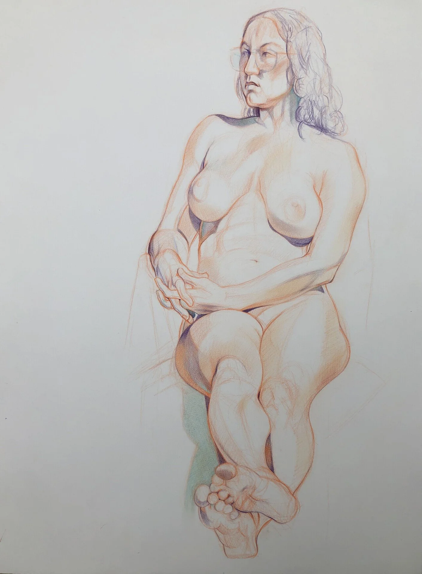 Grace Benedict, "The model kept her glasses on," colored pencil on paper, 36 x 28 inches.
