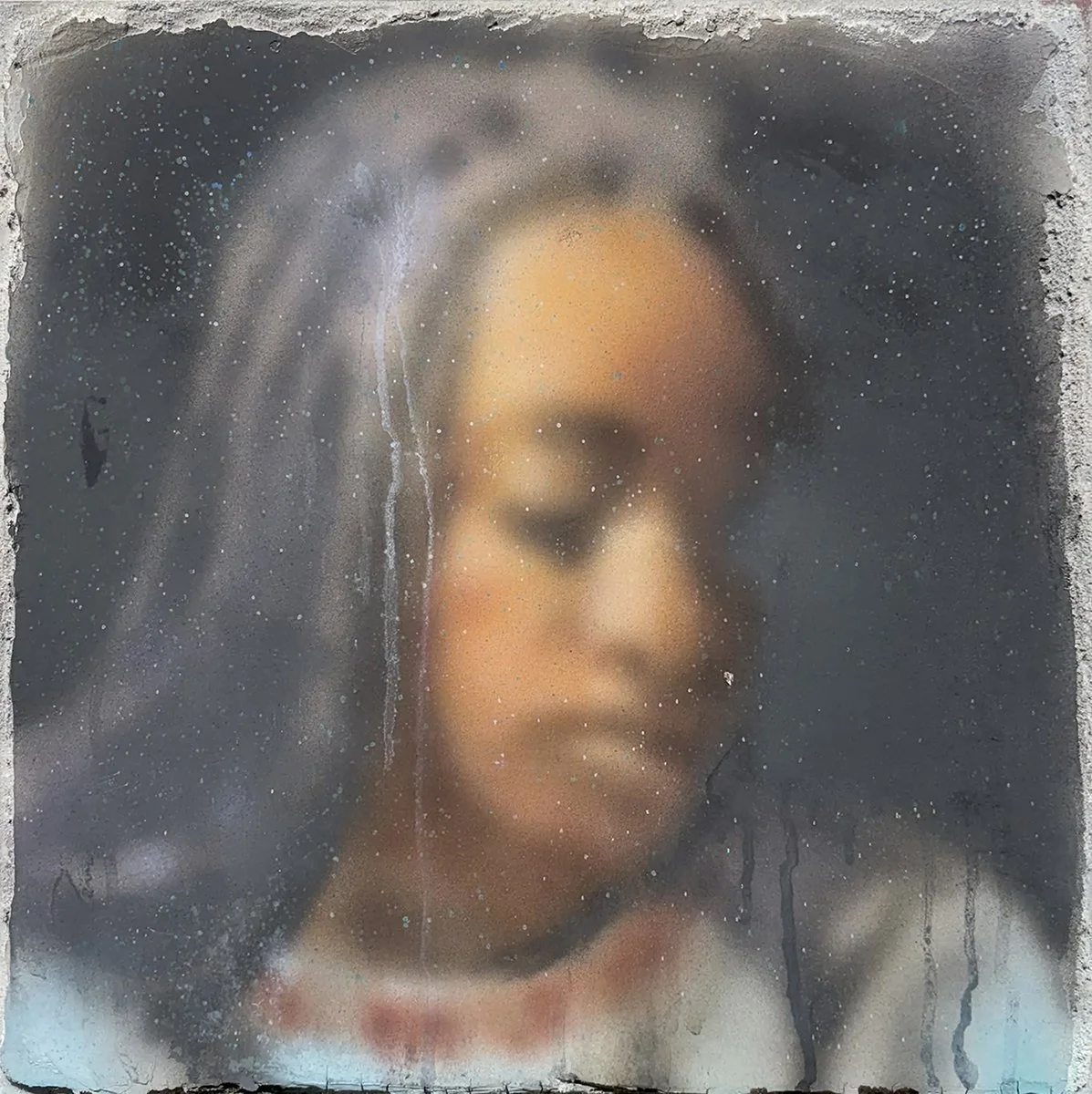 Michael Nichols, "Evince," airbrushed buon fresco on ceramic support, 18 x 18 inches.