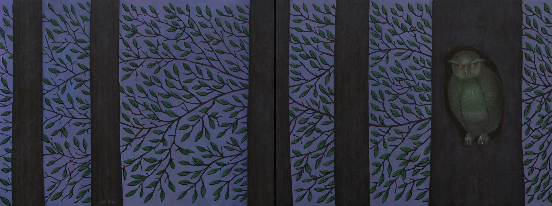 John Hrehov, "Owl and the Night Wind," oil on two panels, 9 x 24 inches.