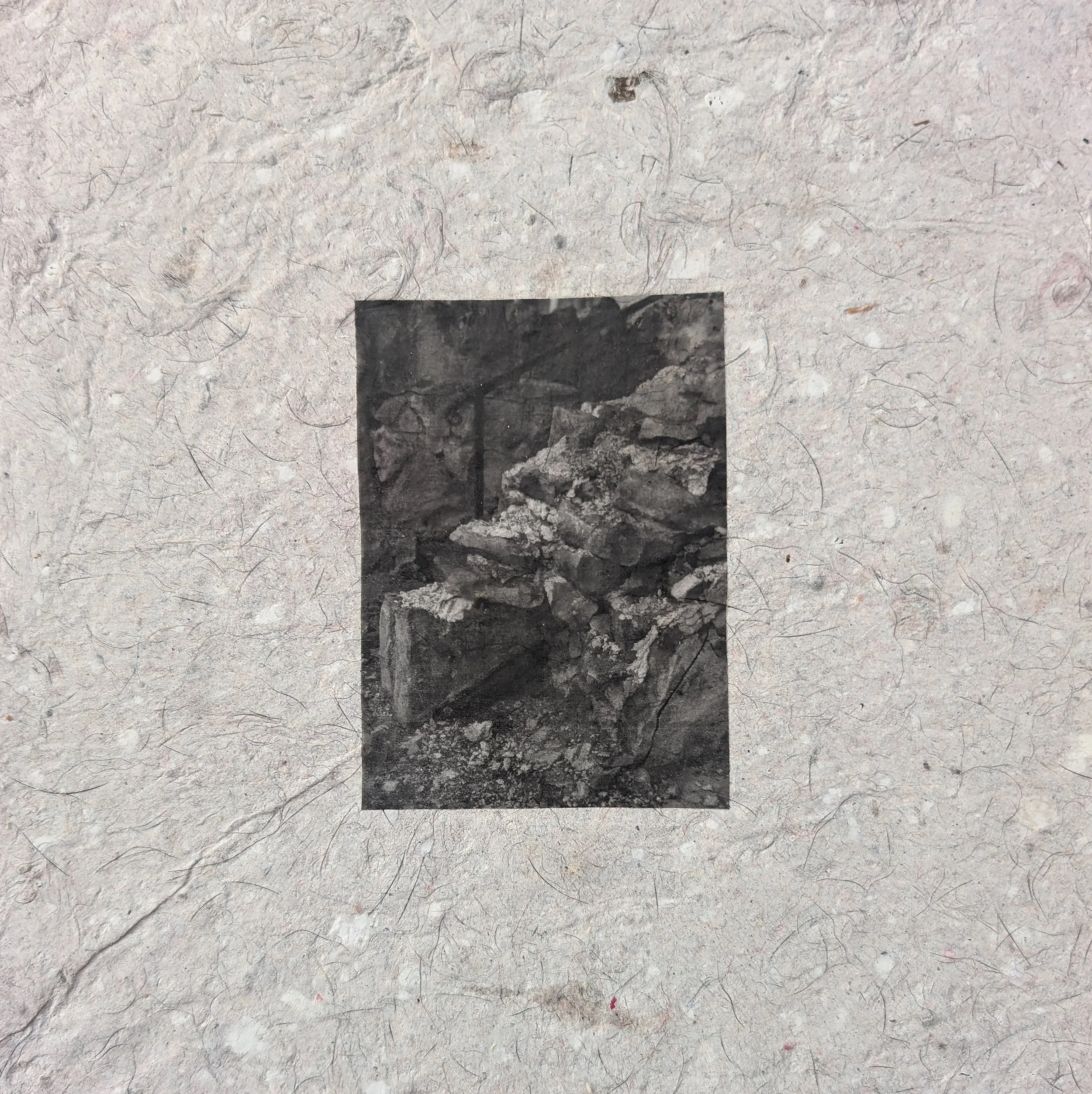 Kathleen Pahl, The cliff crumbles,
Falling into a dried salty sea. Seasoned with a banister, I crack the shell open, and suck out the guts." Transfer on handmade debris paper
8”x8”