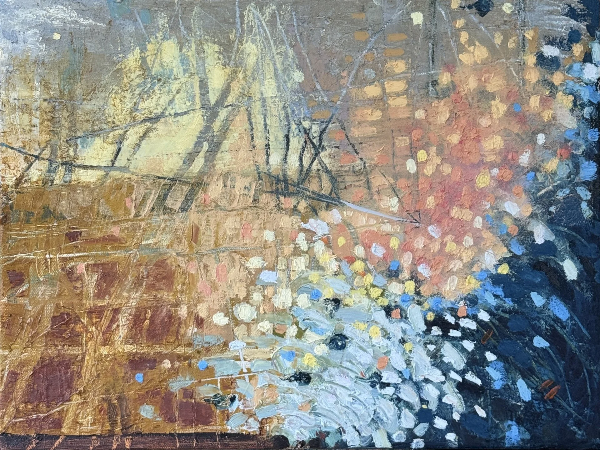 Elena Frankel, "Lachesis and Clotho (Mapping The Lifelines)," oil and oil sticks on canvas, 11 x 16 inches.
