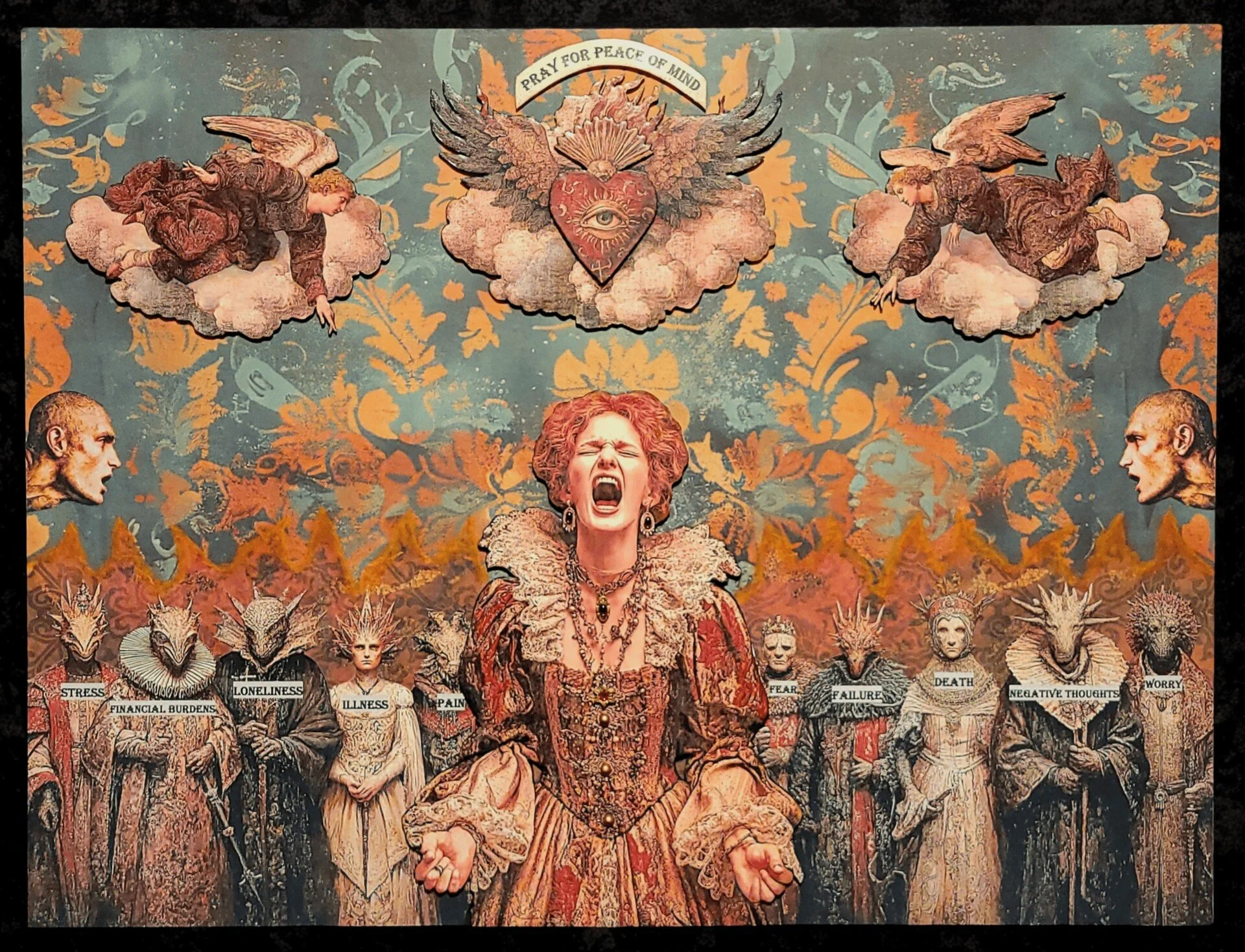 Deborah Kovacs-Sturdevant, "The Wailing Soul - Anxiety Monsters," polymer clay and mixed media, 18 x 24 inches.