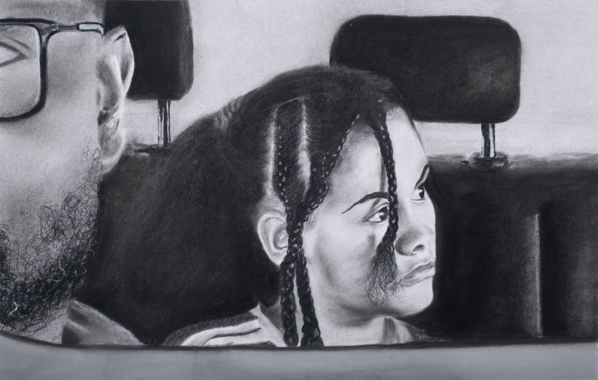Roudget Minnis, "Watching Her Become," charcoal, 19.25 x 25.5 inches.