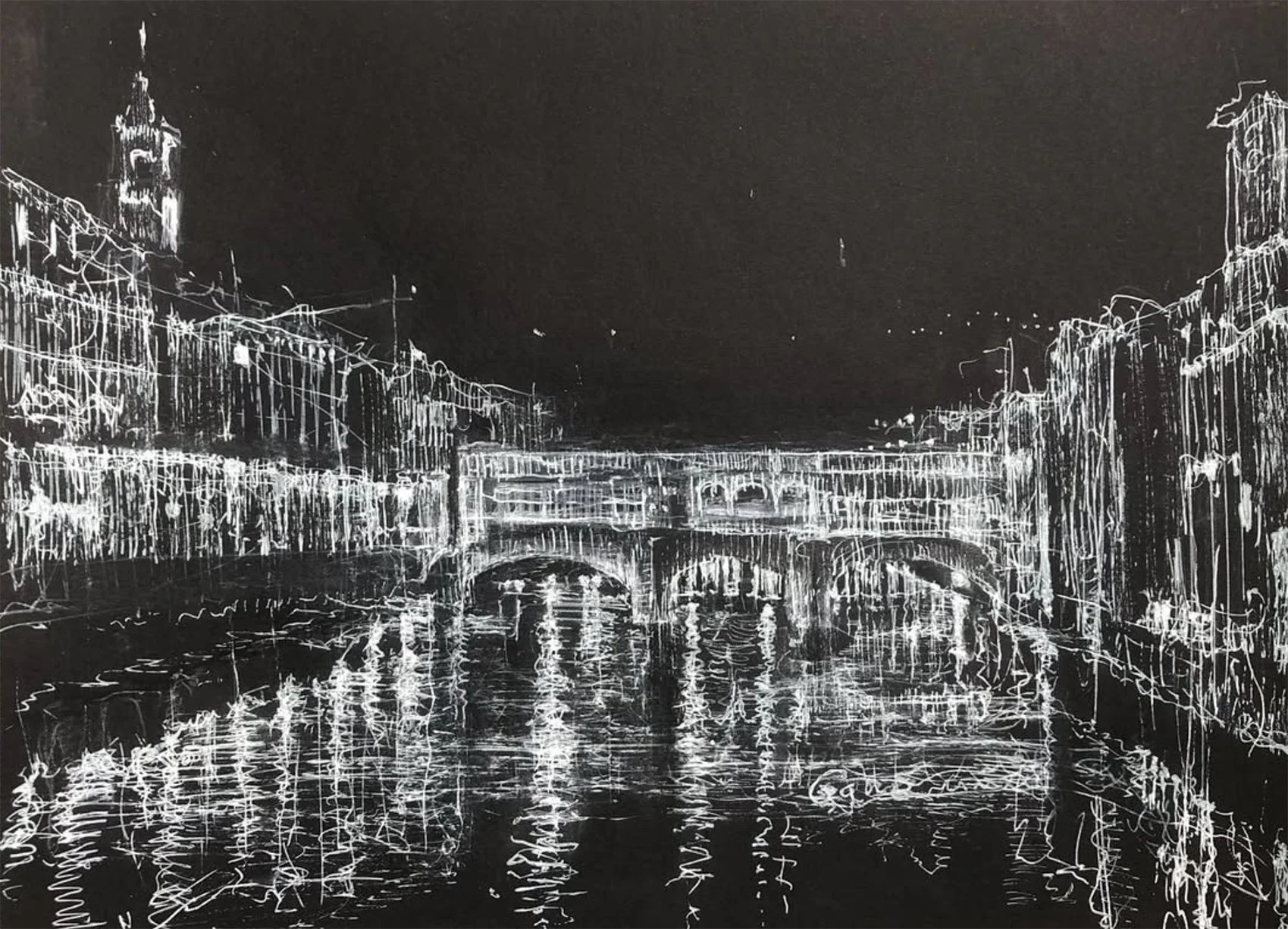Christopher Ganz, "The Ponte Vecchio at Night, Florence," white ink and black color, 11 x 14 inches.