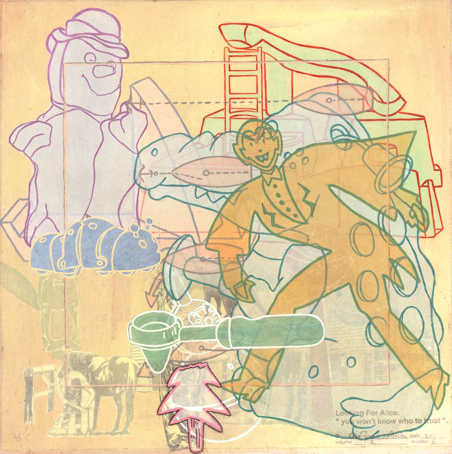 M.A Papanek-Miller, "Looking for Alice: you won't know who to trust 2.6," mixed media, 12 x 12 inches.