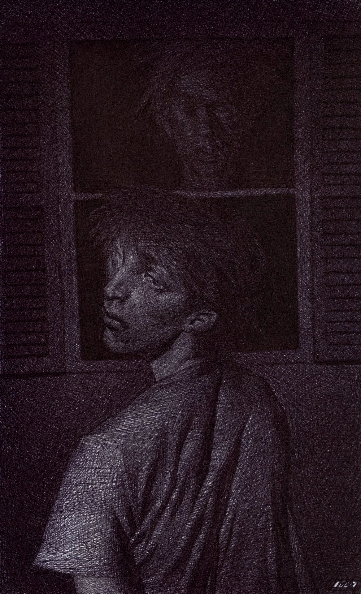 Milan Debert, "Please Don't Whisper," ballpoint pen on paper, 8 x 5 inches.
