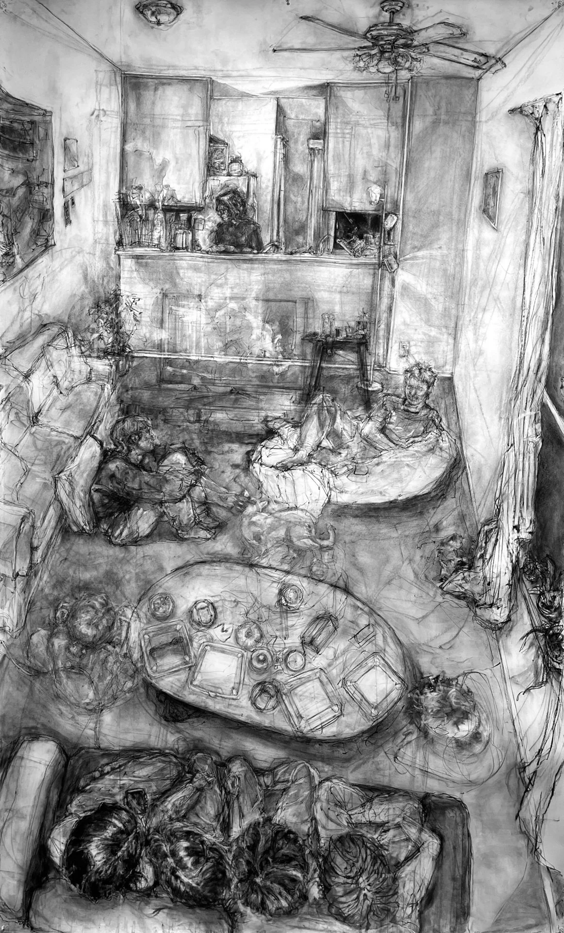 Kilaine Shelley, "Living Room," charcoal and ink wash on paper, 84 x 52 inches.