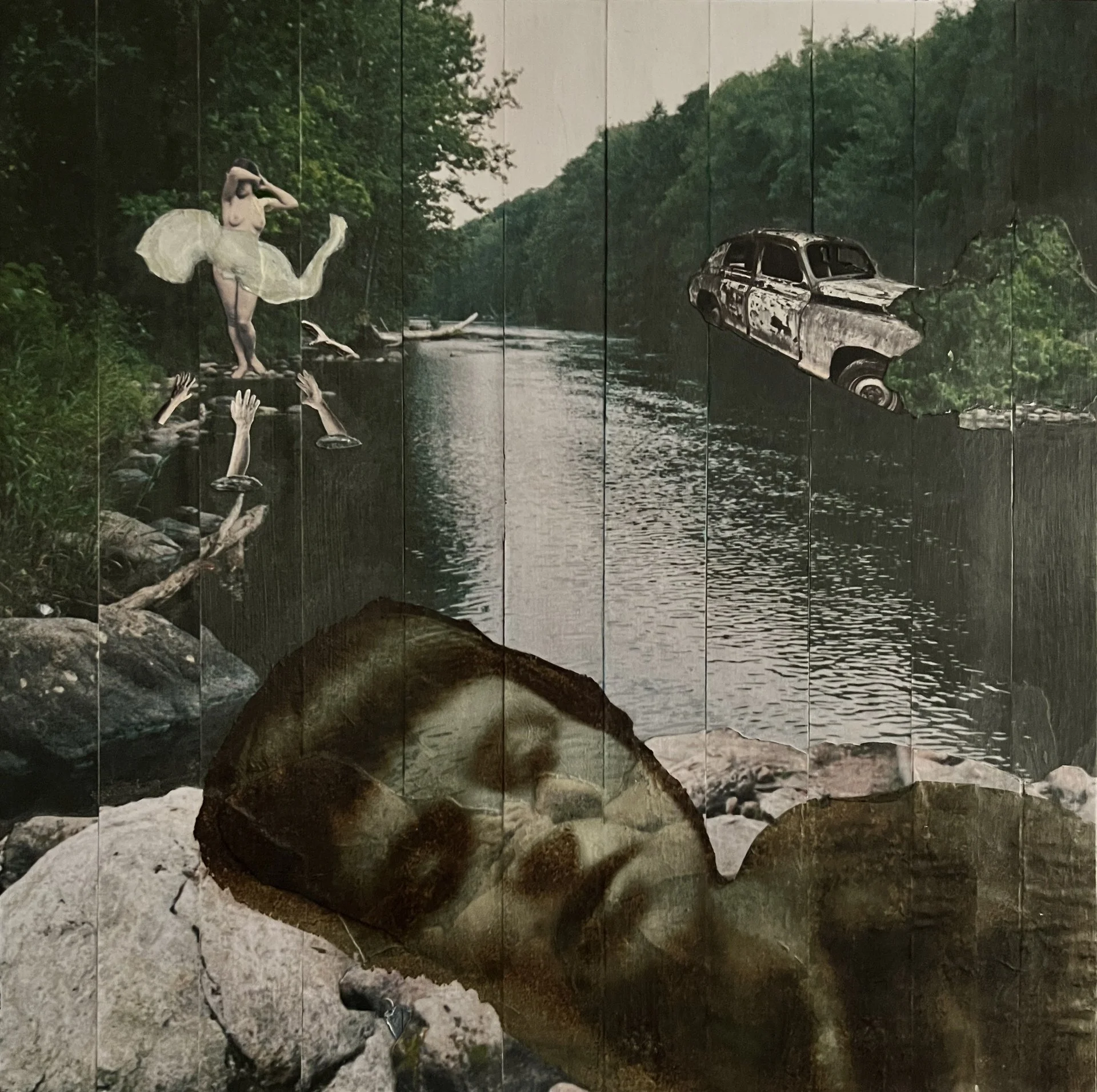 Kathleen Nesbitt, "Her Drowning Occurred Long Before The Accident," paper collage on cradled board, 14 x 14 inches.