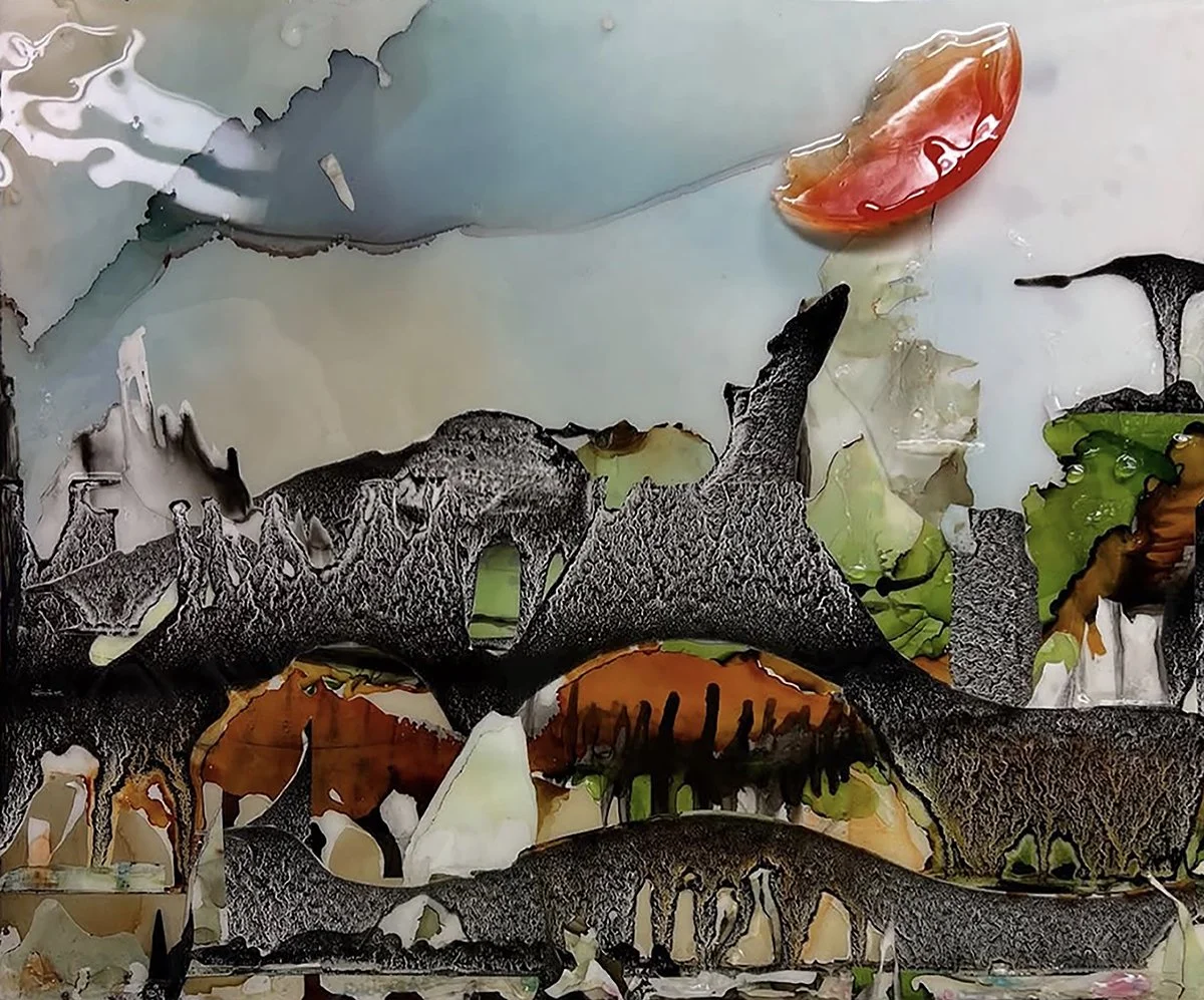 Tara Price, "Oasis," alcohol ink and resin, 18 x 24 inches.