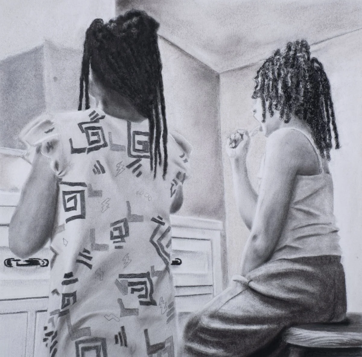 Roudget Minnis, "Thursday Night," charcoal, 20.75 x 21 inches.